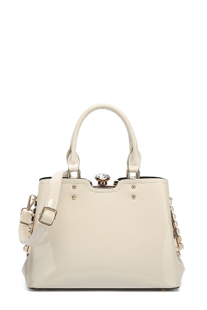 Double Handle Frame Satchel with Rhinestones Patent Leather - Charming Charlie