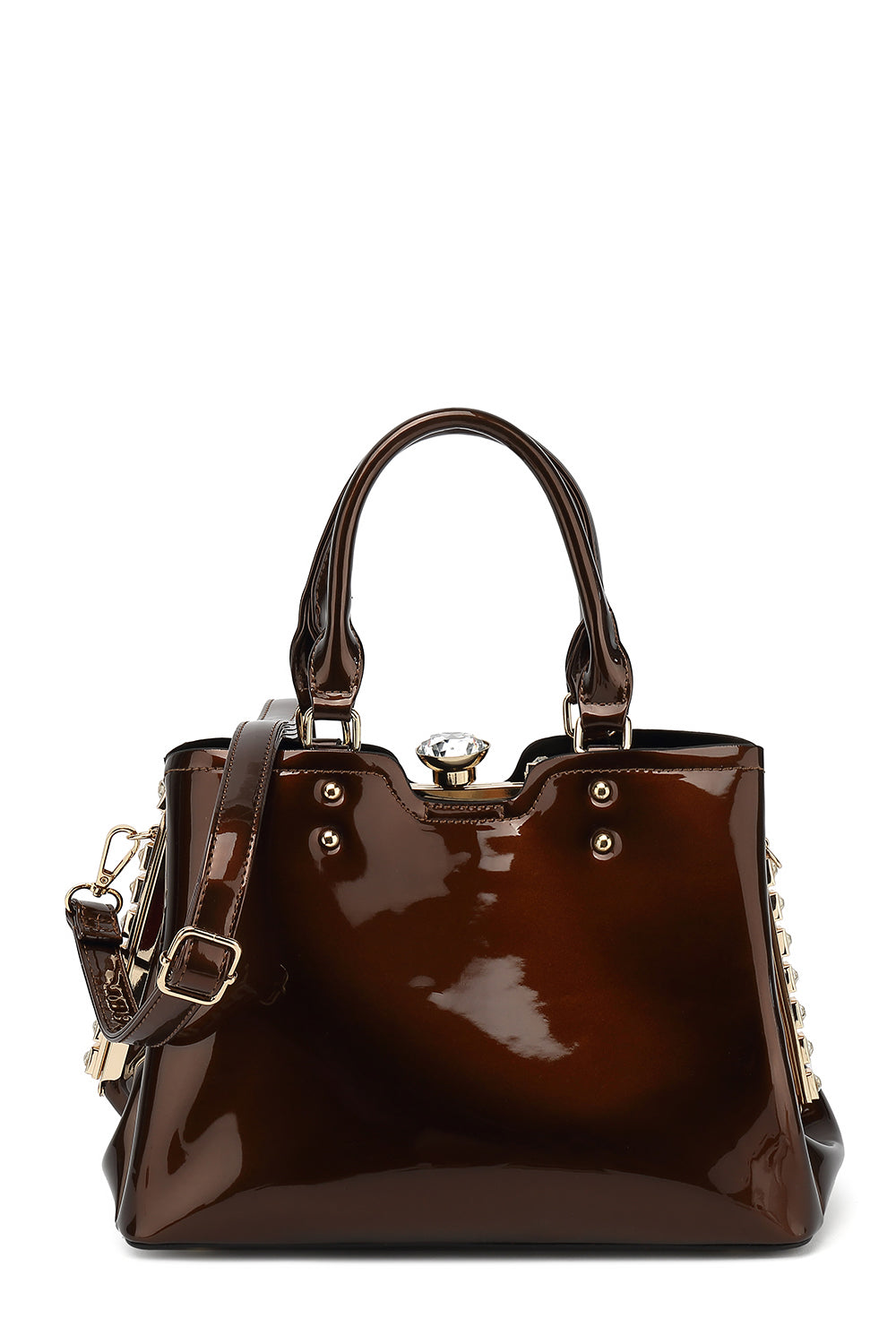 Double Handle Frame Satchel with Rhinestones Patent Leather - Charming Charlie