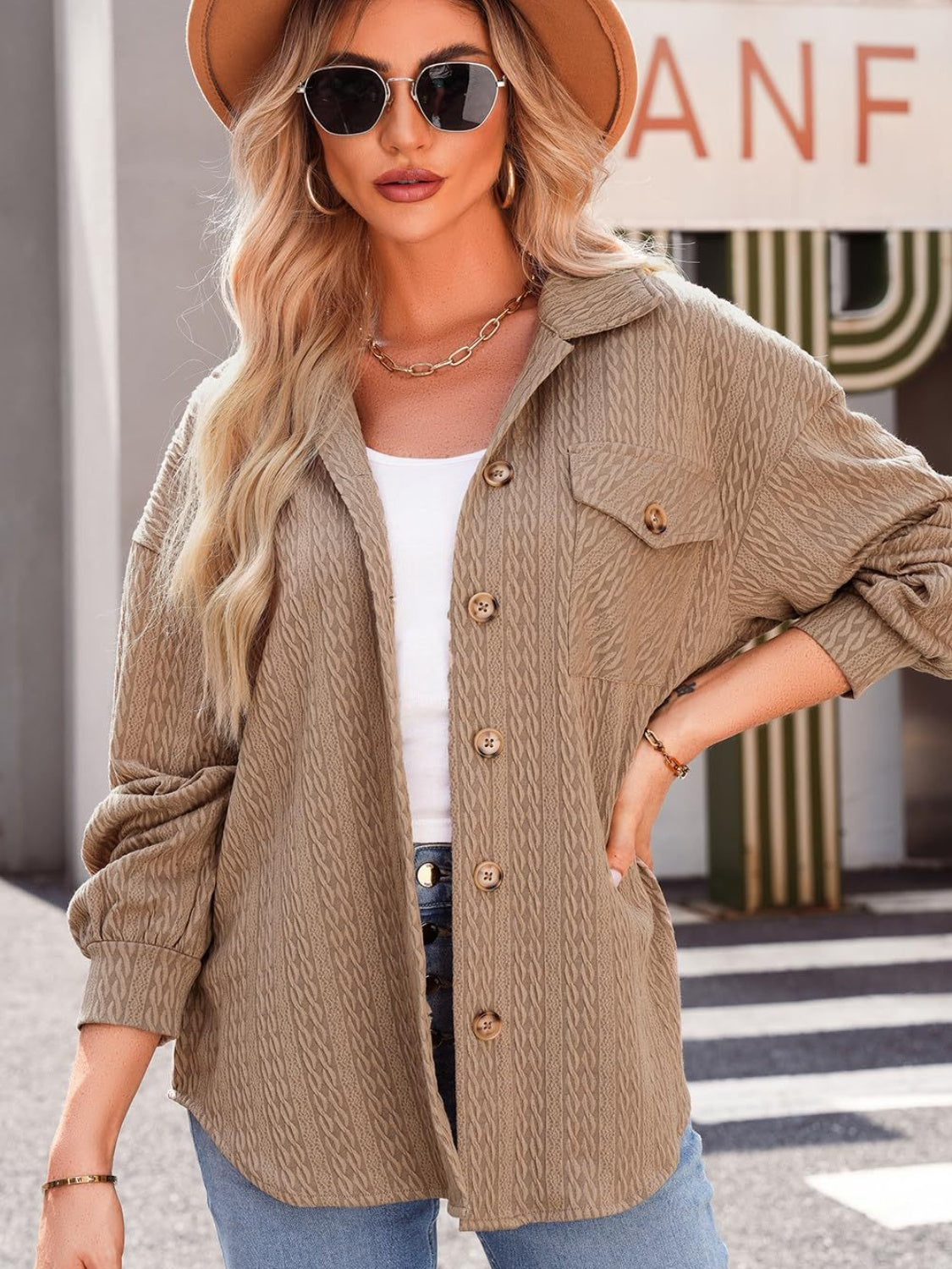 Textured Button Up Long Sleeve Shacket - Charming Charlie