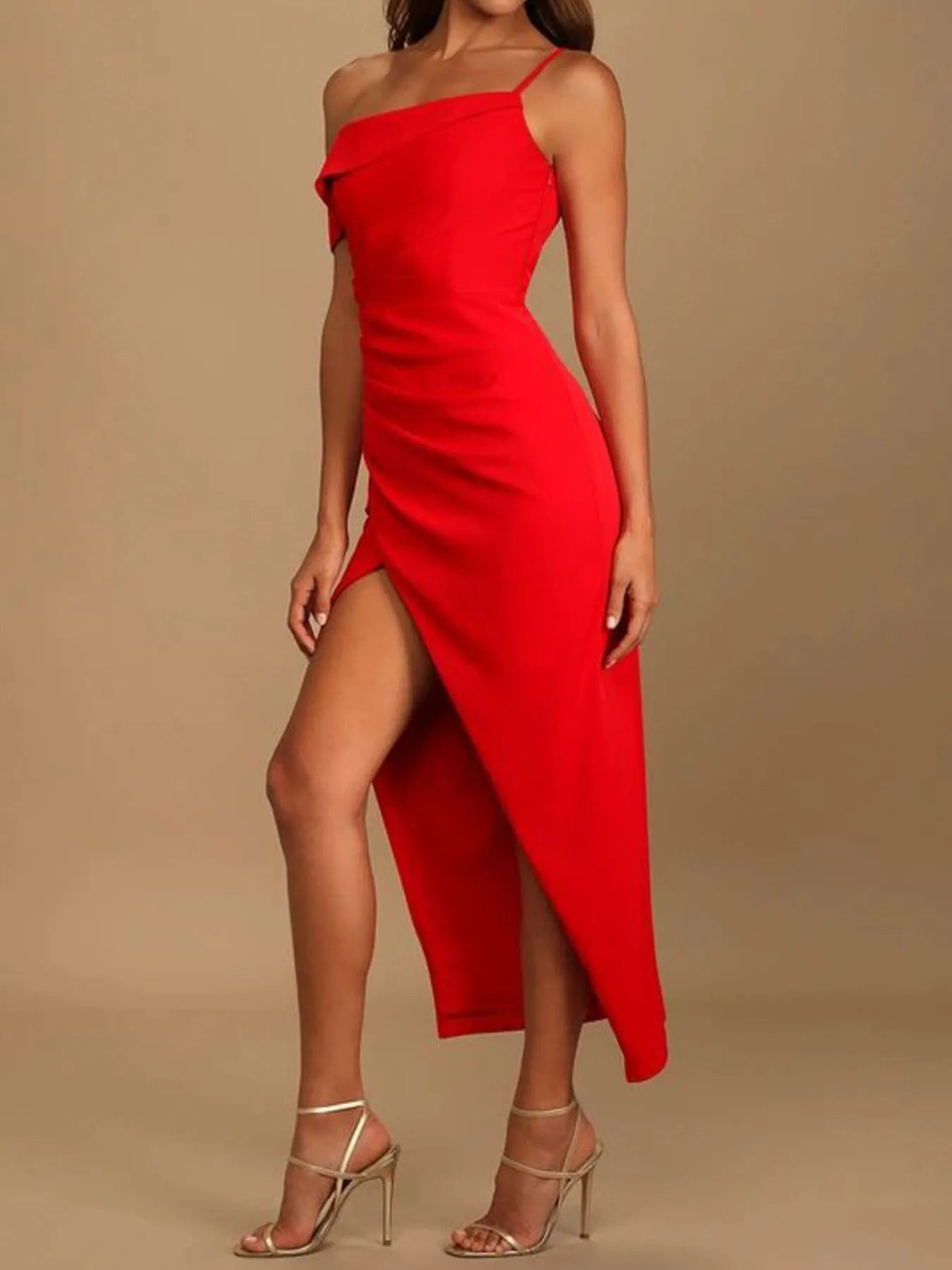 asymmetrical neck midi dress Split Asymmetrical Neck Midi Dress Scarlet / L