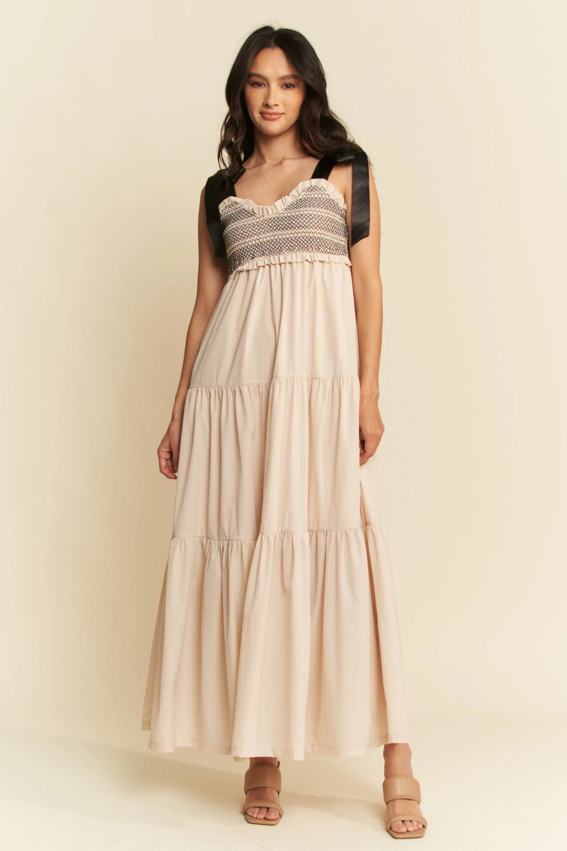 davi and dani maxi dress Davi & Dani Multi Contrast Smocked Bodice Straps Maxi Dress