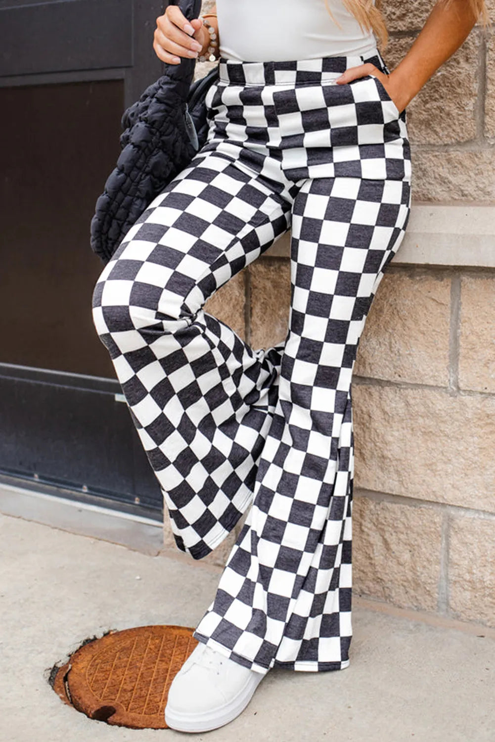 Checkered Flare Pants with Pockets Black S