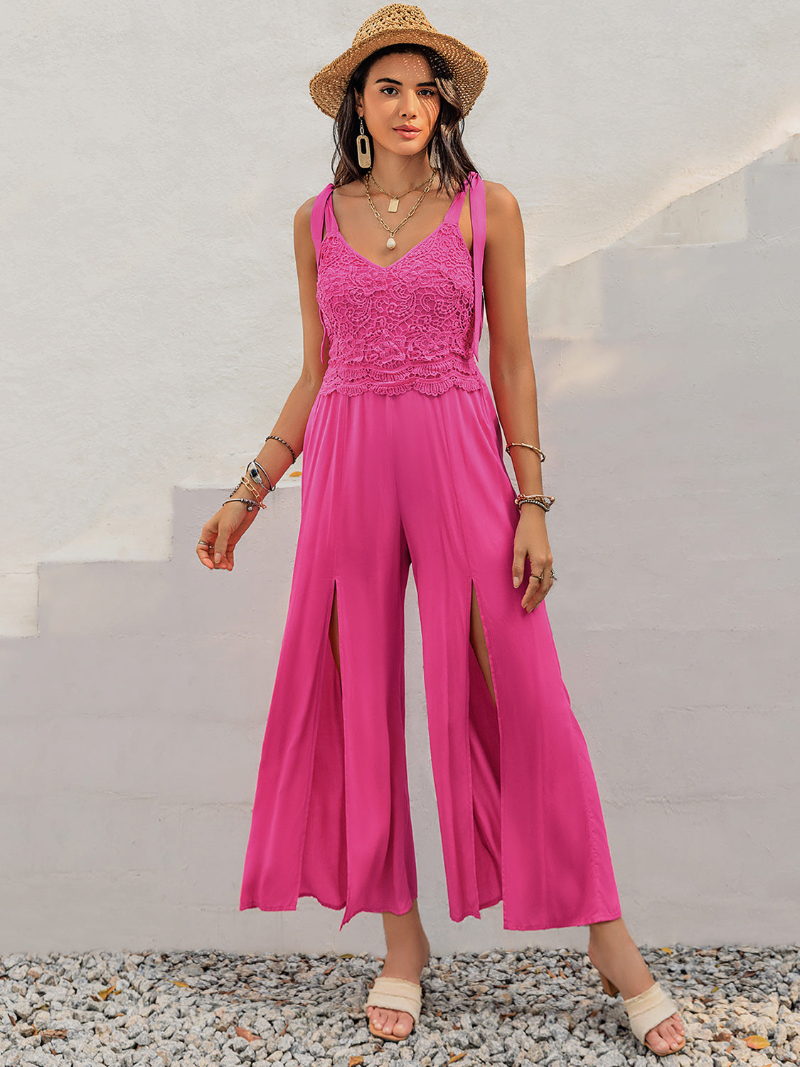 V-Neck Wide Strap Slit Jumpsuit - Charming Charlie