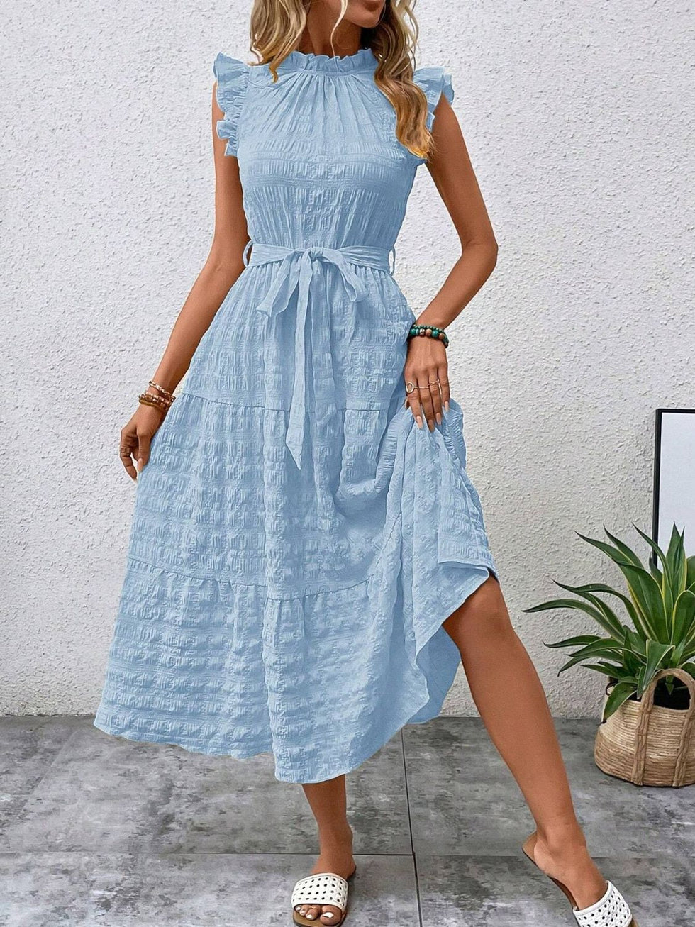 Ruffled Tie Neck Cap Sleeve Dress