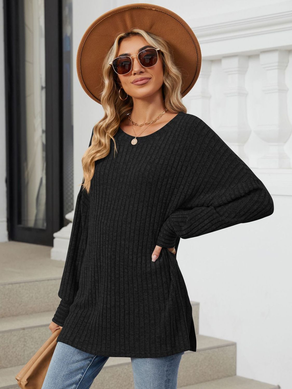 Ribbed Round Neck Long Sleeve T-Shirt - Charming Charlie