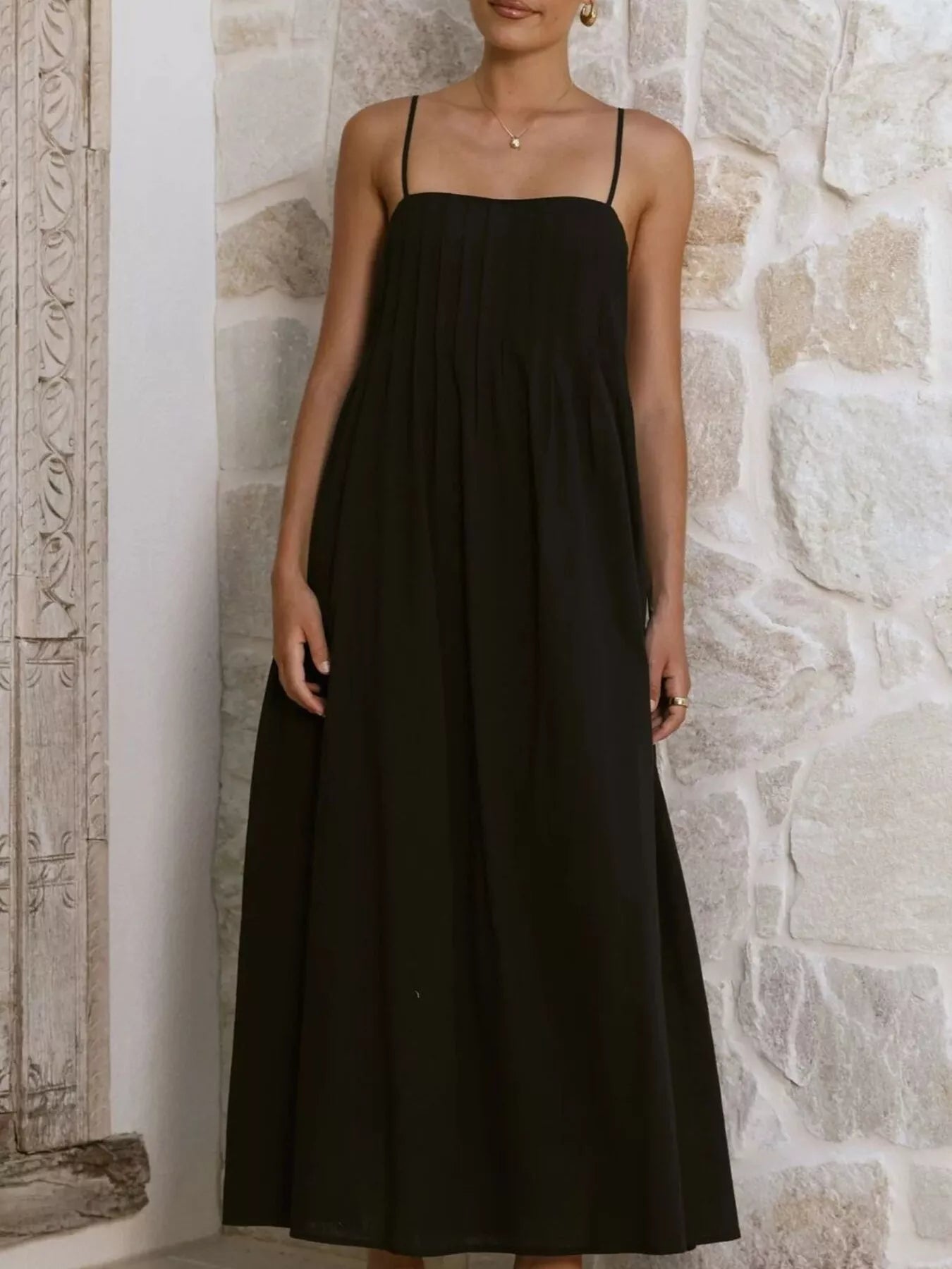 Pleated Bodice Midi Cami Dress Brown / XL