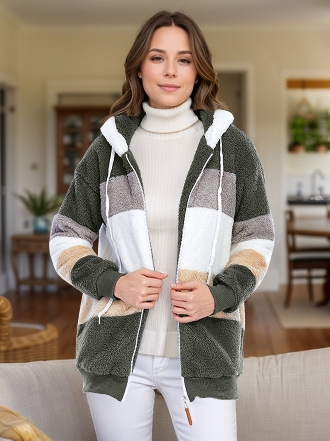 Full Size Drawstring Color Block Zip Up Hooded Outerwear - Charming Charlie