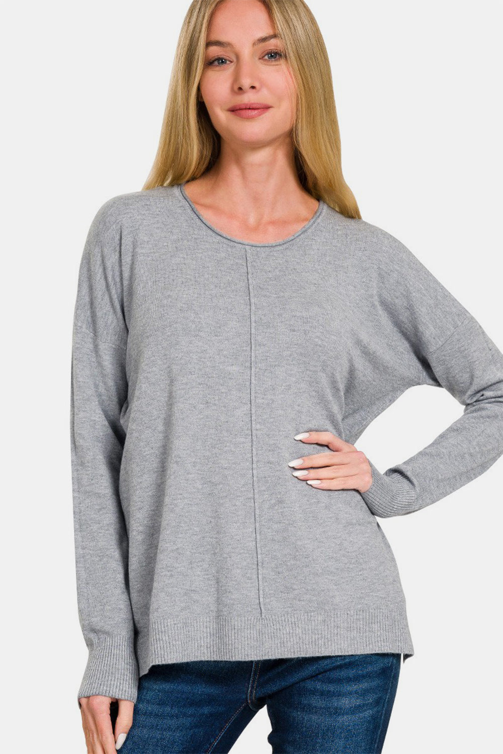 Zenana Front Seam Round Neck Sweater - Charming Charlie
