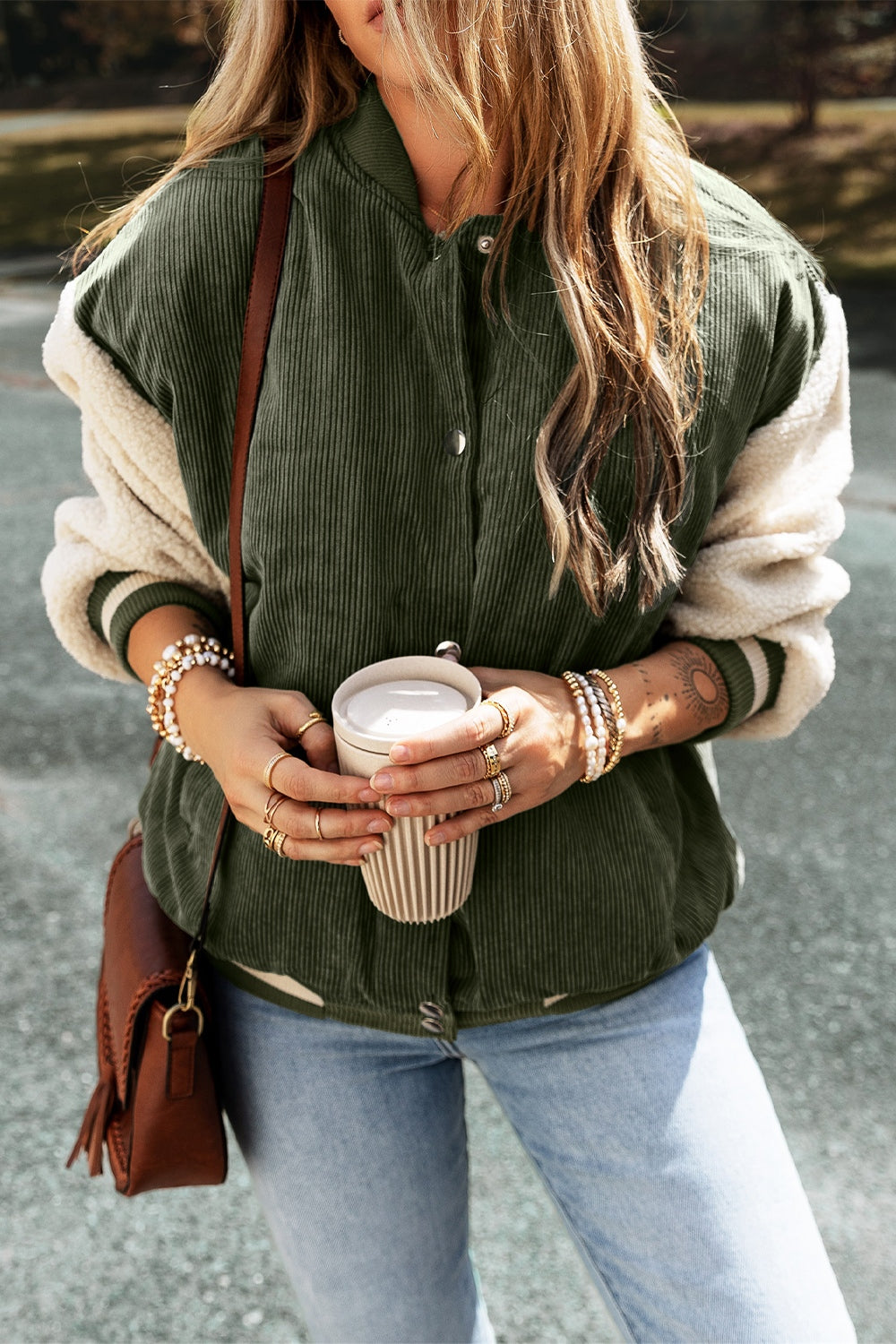 Contrast Baseball Collar Snap Down Long Sleeve Jacket - Charming Charlie