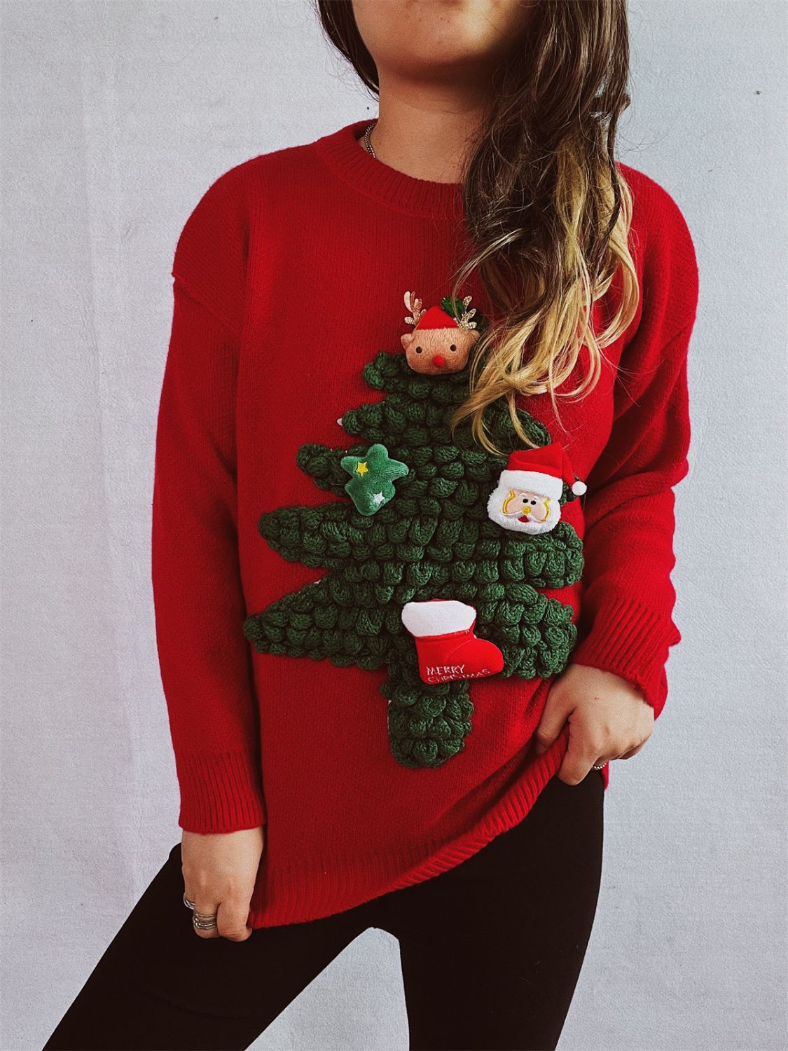 Christmas Tree Round Neck Long Sleeve Sweater - Charming Charlie