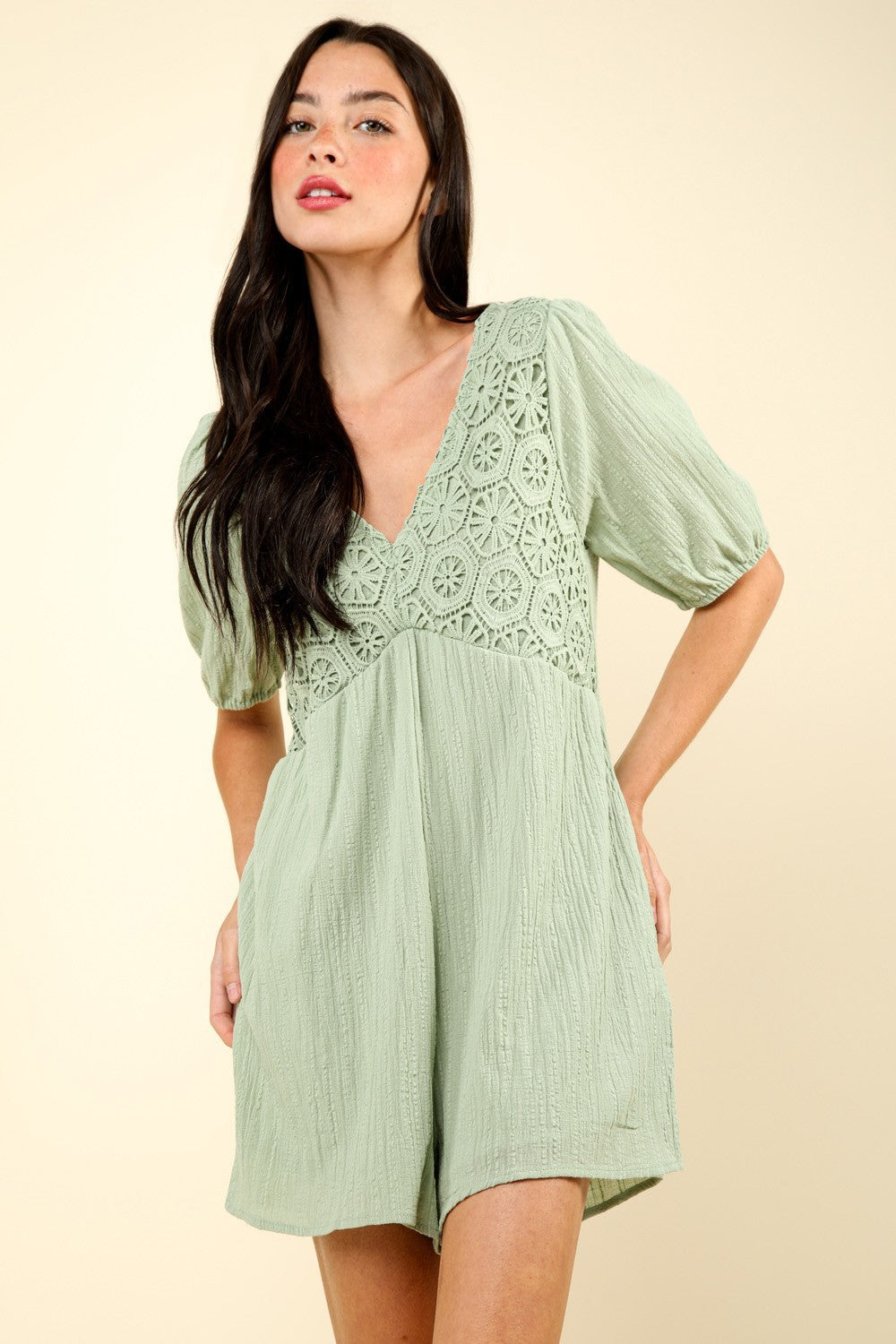 VERY J Lace Detail Puff Sleeve Romper with Pockets - Charming Charlie