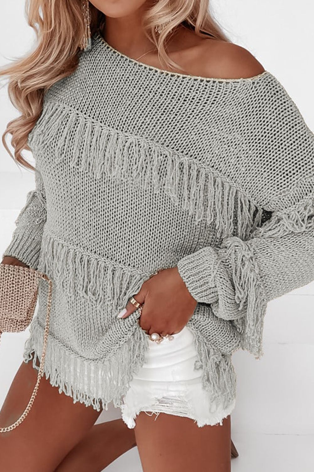 Fringe Boat Neck Long Sleeve Sweater - Charming Charlie
