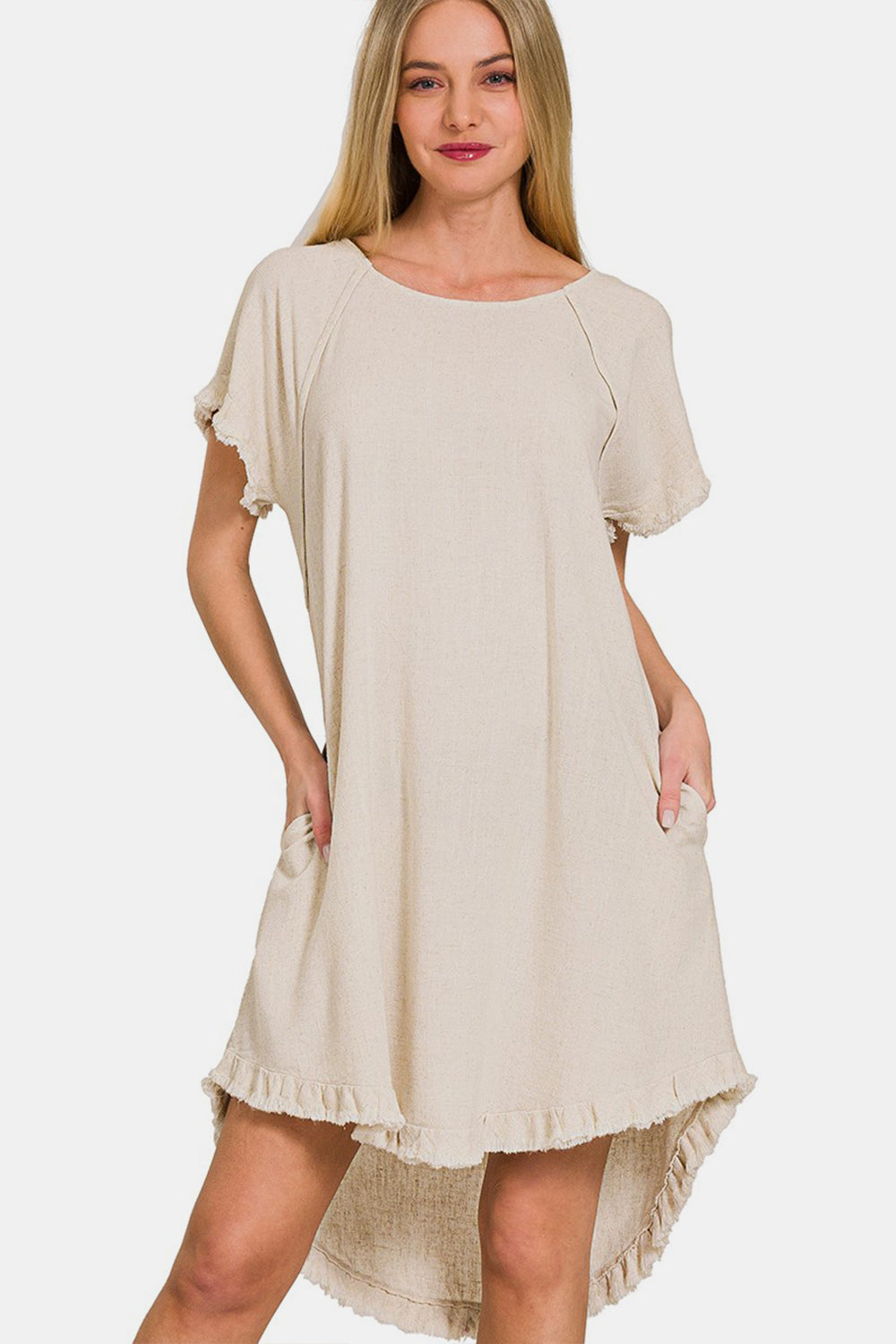 Zenana Fringe Edge High Low Flowy Dress with Pockets - Charming Charlie