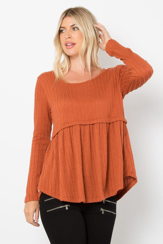 Be Stage Full Size Texture Babydoll Round Neck Long Sleeve Knit Top - Charming Charlie
