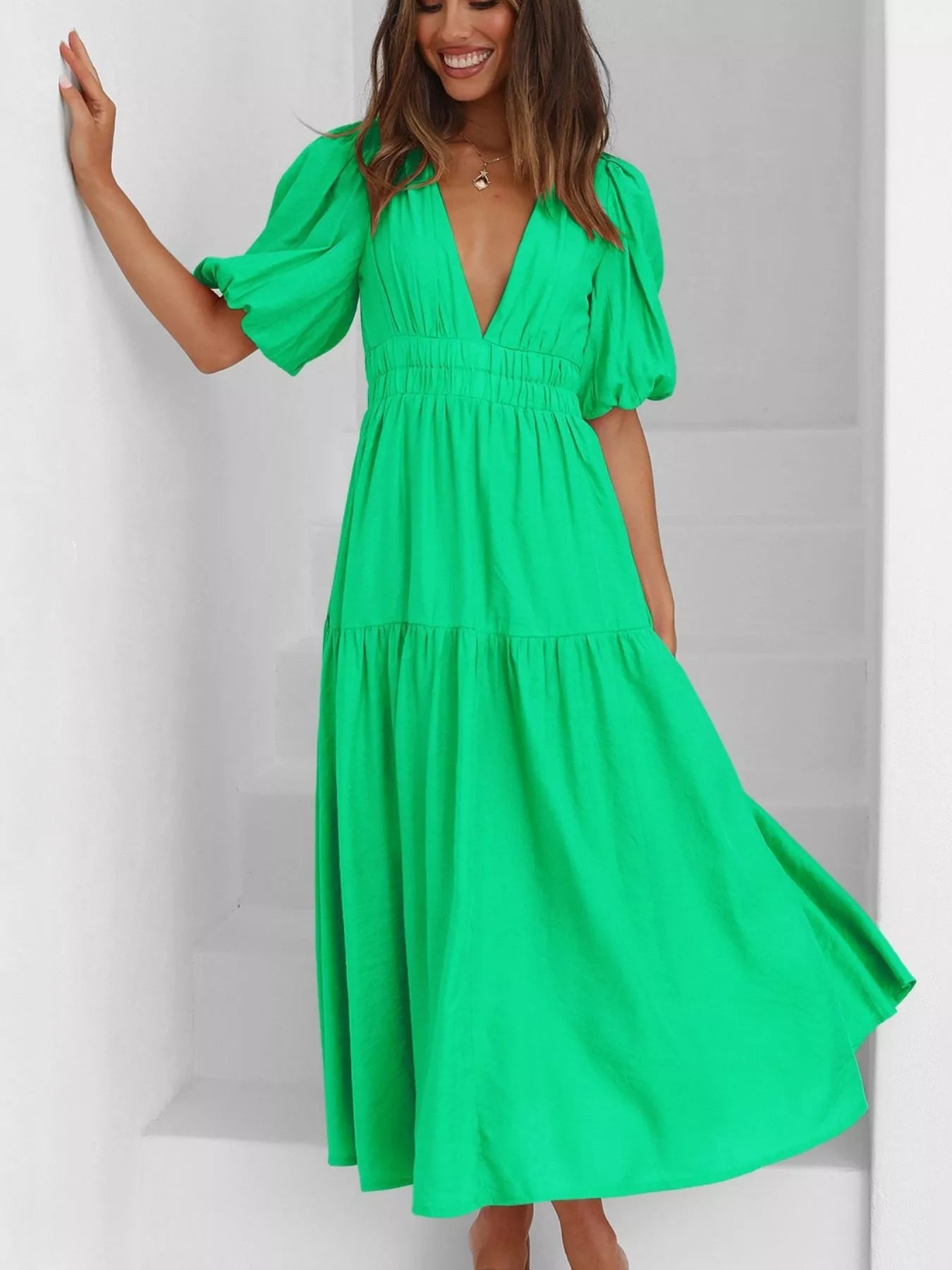 V-Neck Puff Sleeve Midi Dress – Charming Charlie