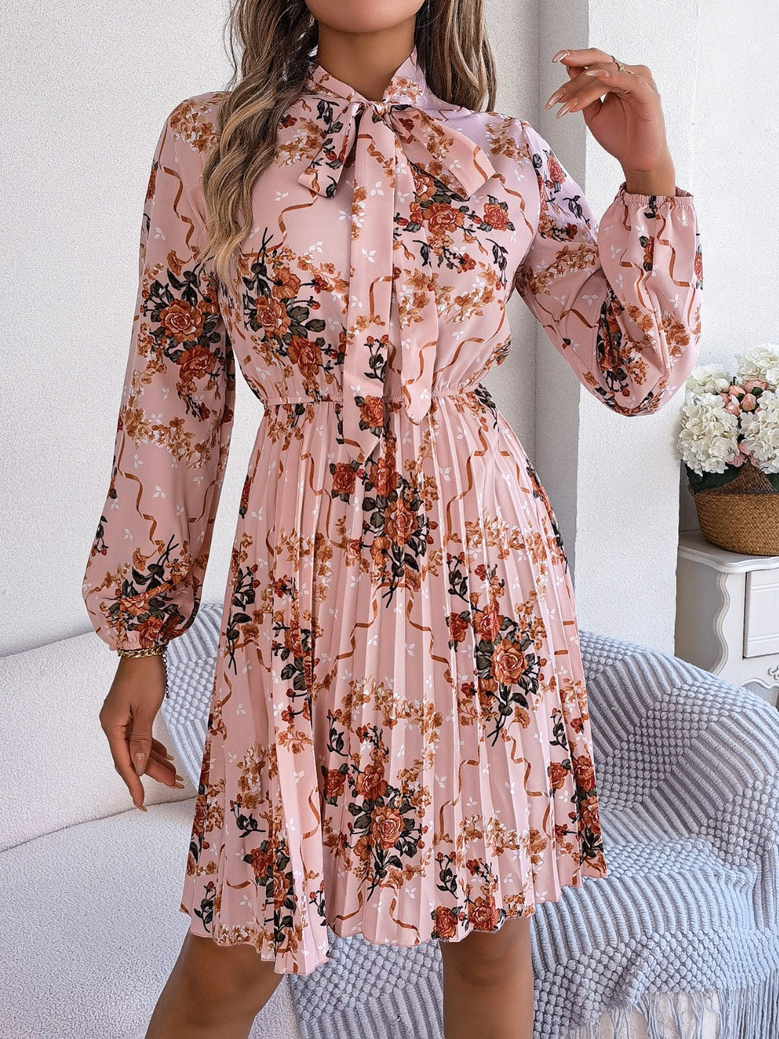 Pleated Printed Tie Neck Long Sleeve Dress - Charming Charlie