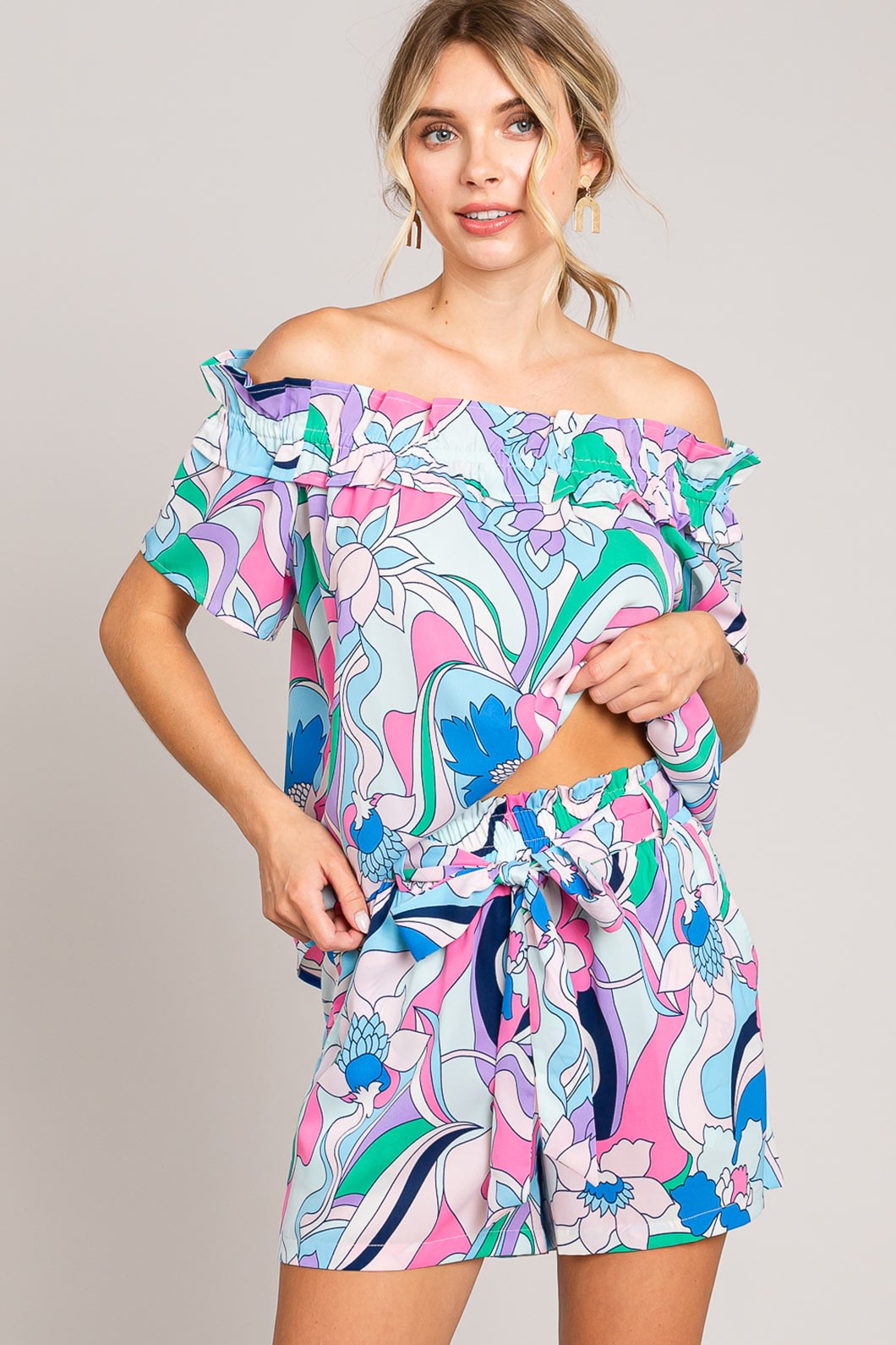 Cotton Bleu by Nu Label Abstracted Print Tie Front Shorts - Charming Charlie