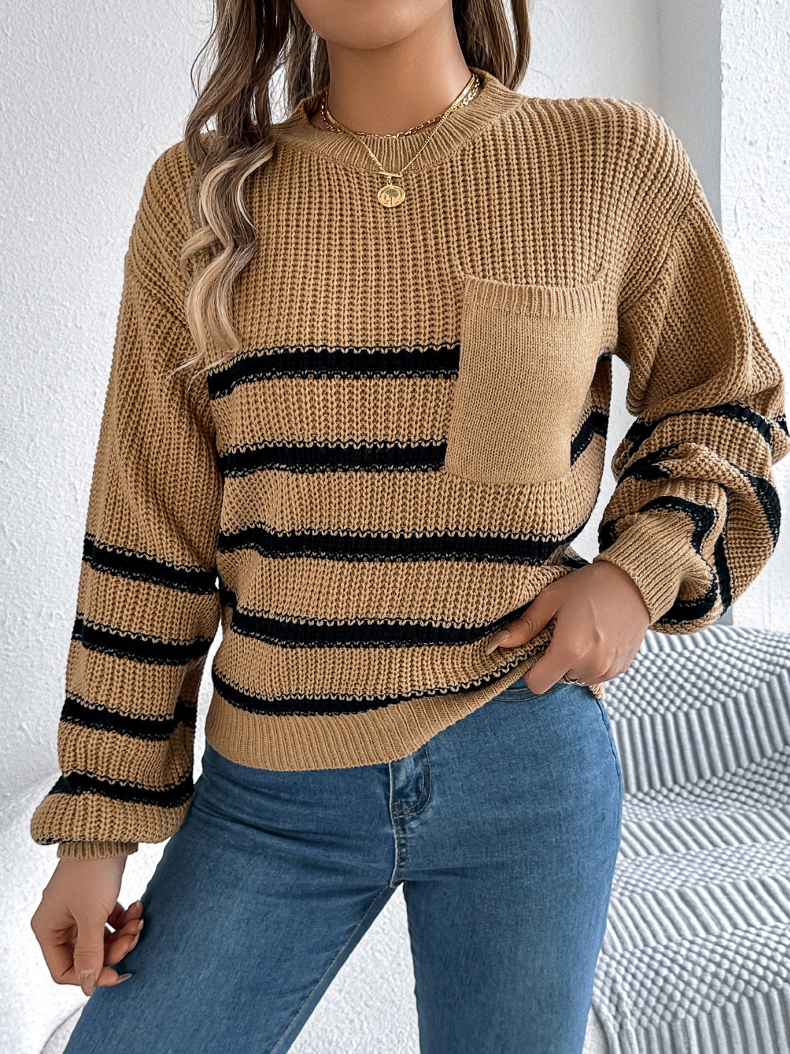 Striped Round Neck Long Sleeve Sweater - Charming Charlie