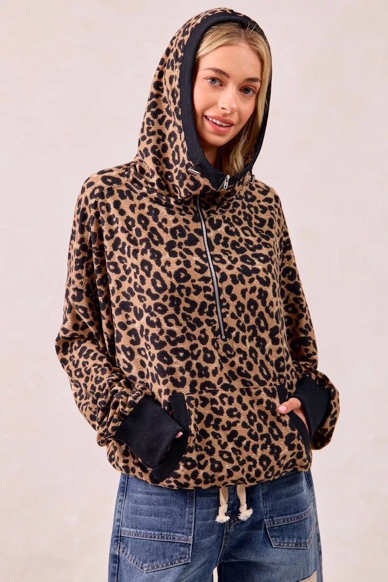 BiBi Leopard Print Waffle Half Zip Up Hoodie W Pocket – Charming BiBi Leopard Print Waffle Half Zip Up Hoodie W Pocket – Charming