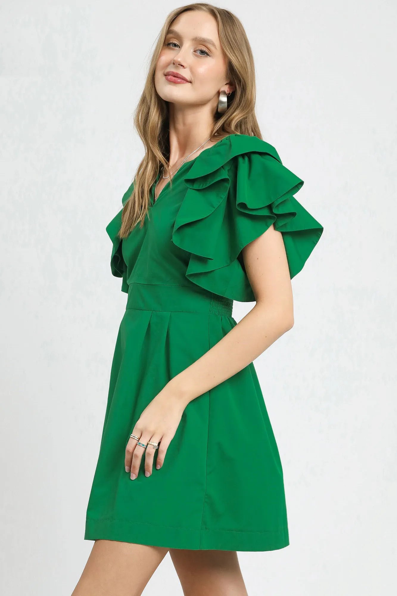 Umgee Double Ruffle Sleeve Fit and Flare Dress Dark Green / M