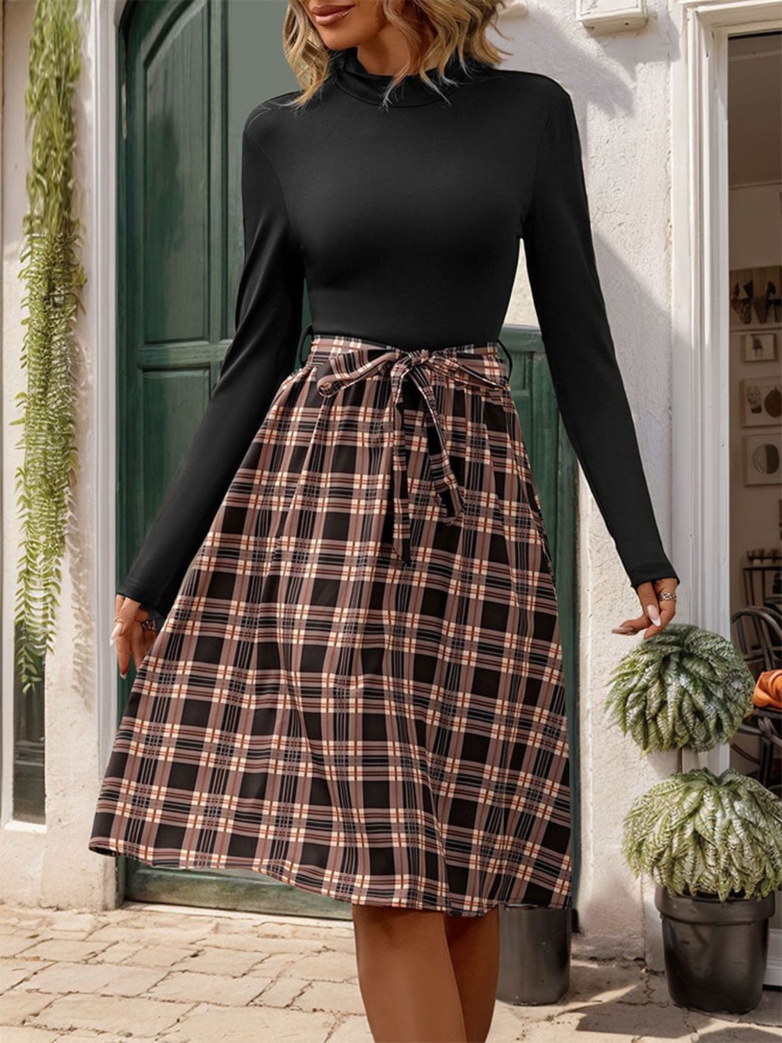 Plaid Mock Neck Long Sleeve Dress - Charming Charlie