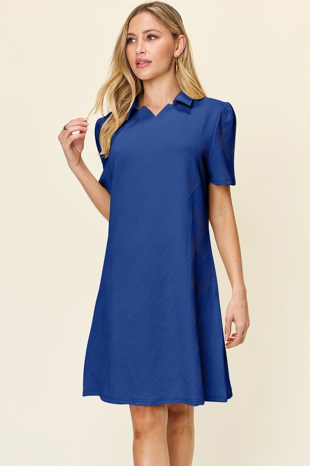 Double Take Full Size Texture Collared Neck Short Sleeve Dress - Charming Charlie