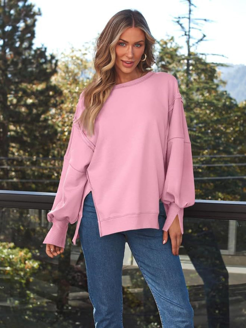 Slit Round Neck Long Sleeve Sweater