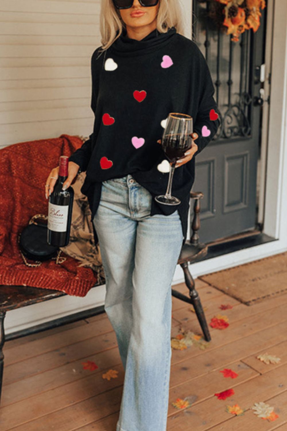 Valentine's Day Heart Patched Turtleneck Long Sleeve Top