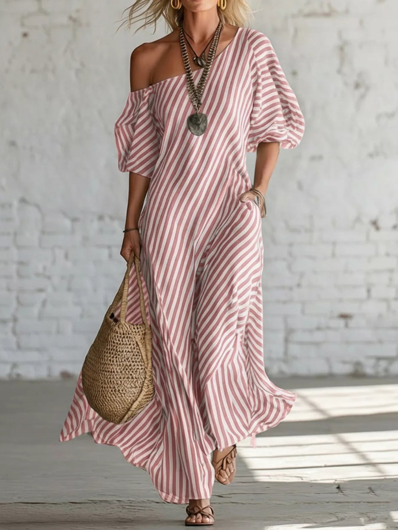 Full Size Striped One-Shoulder Casual Maxi Dress Plus Size – Charming Charlie