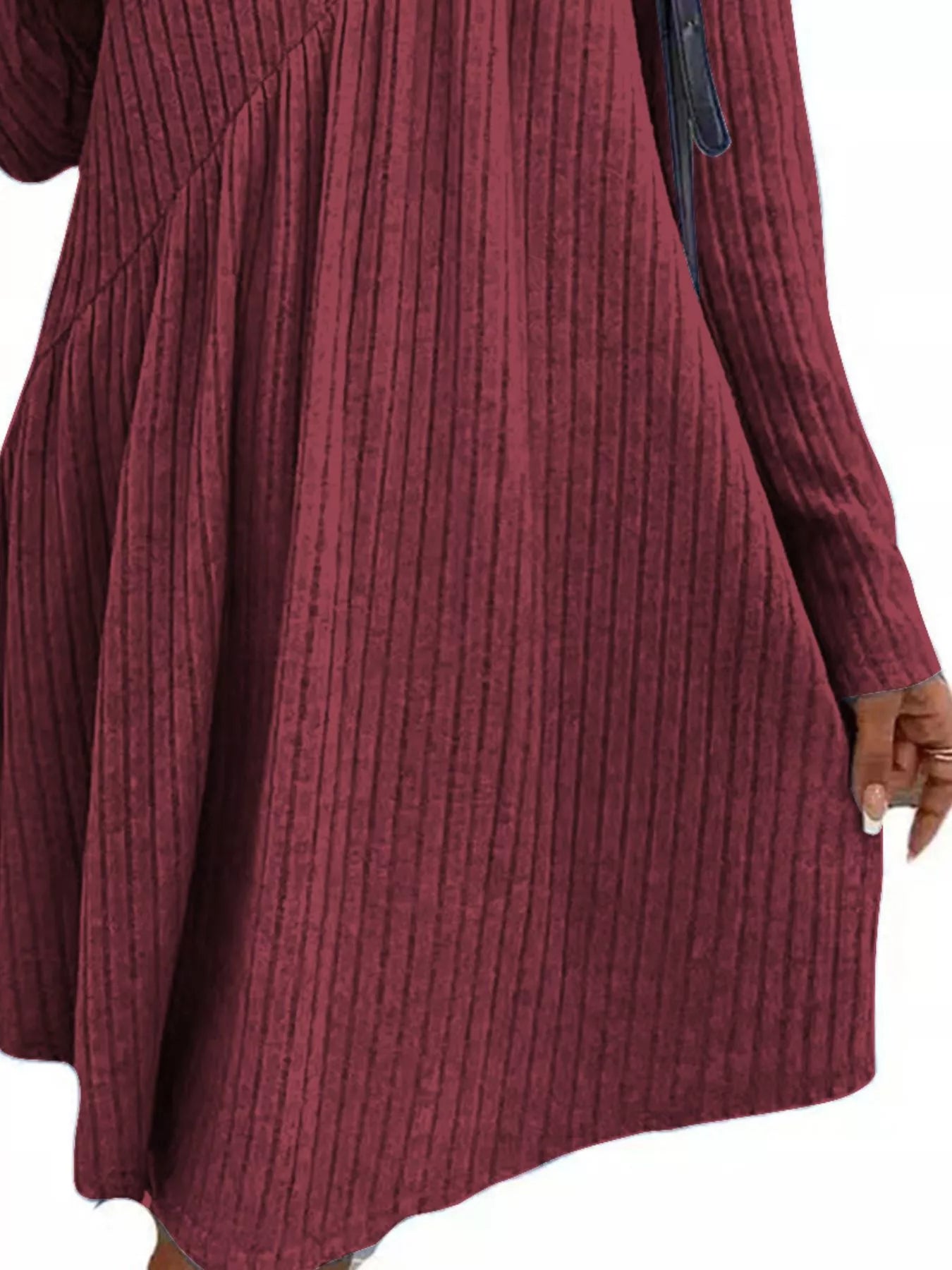 fitted lace wedding dress Casual Ribbed Knit Long Sleeve Swing Dress Burgundy / L