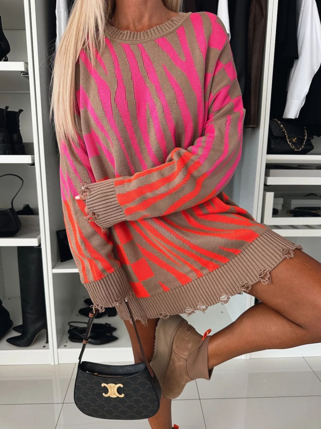 Contrast Round Neck Long Sleeve Oversize Sweater - Charming Charlie