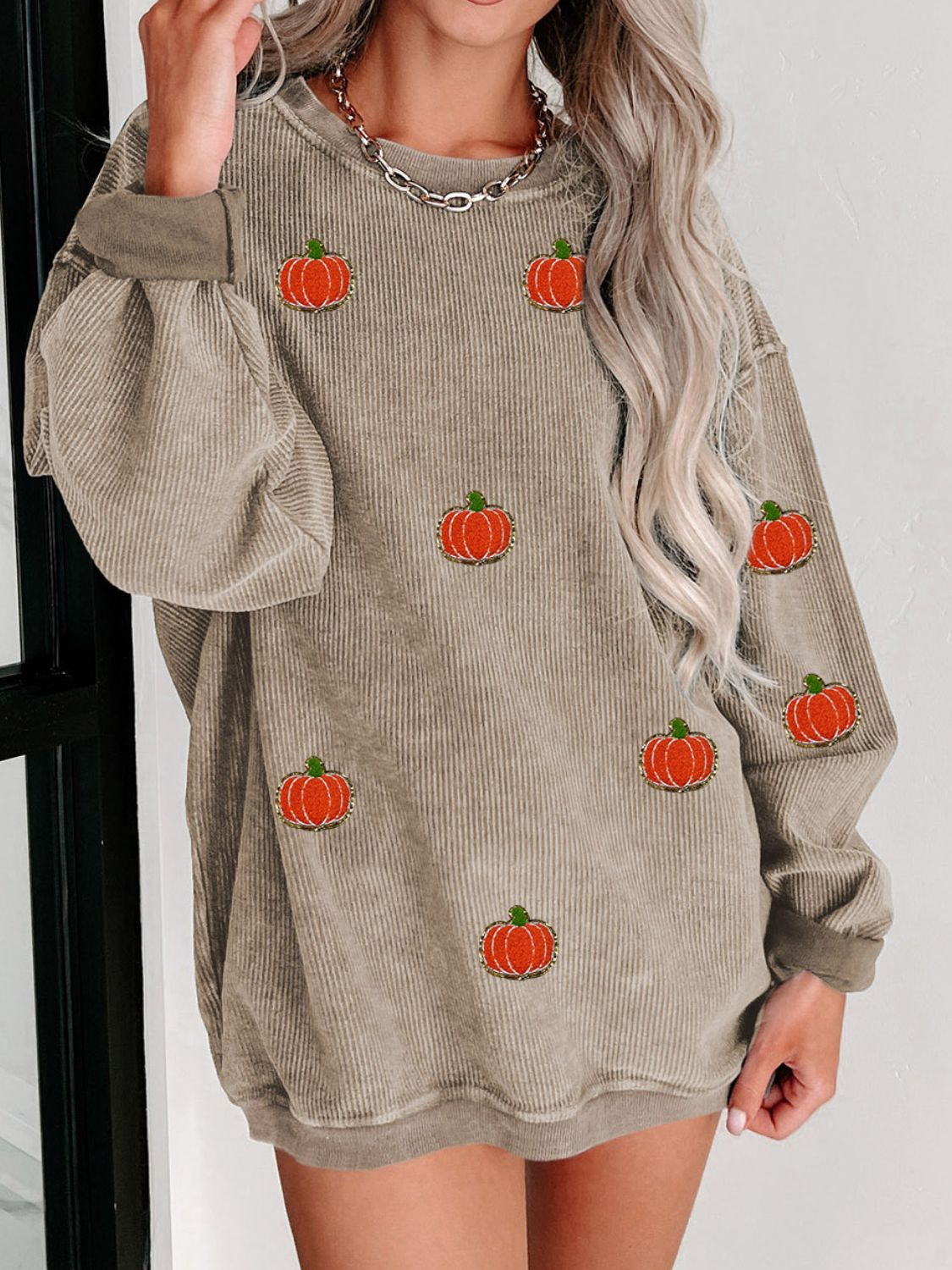 Pumpkin Round Neck Long Sleeve Sweatshirt - Charming Charlie