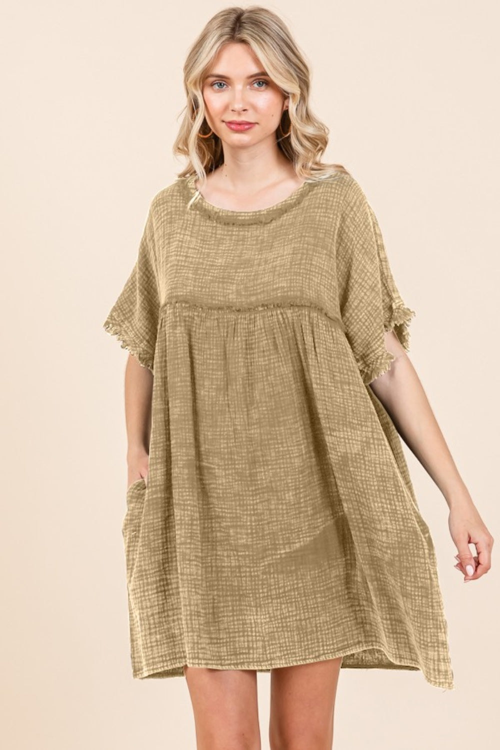 Culture Code Full Size Short Sleeve Babydoll Texture Dress with Pockets - Charming Charlie