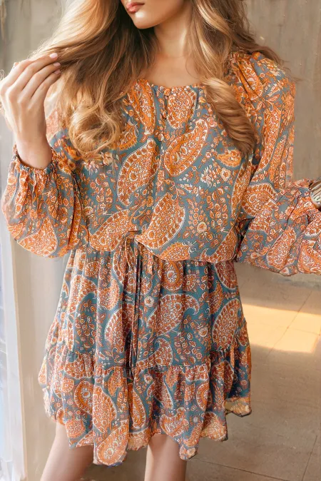 Ruffle Hem Printed Long Sleeve Dress - Charming Charlie