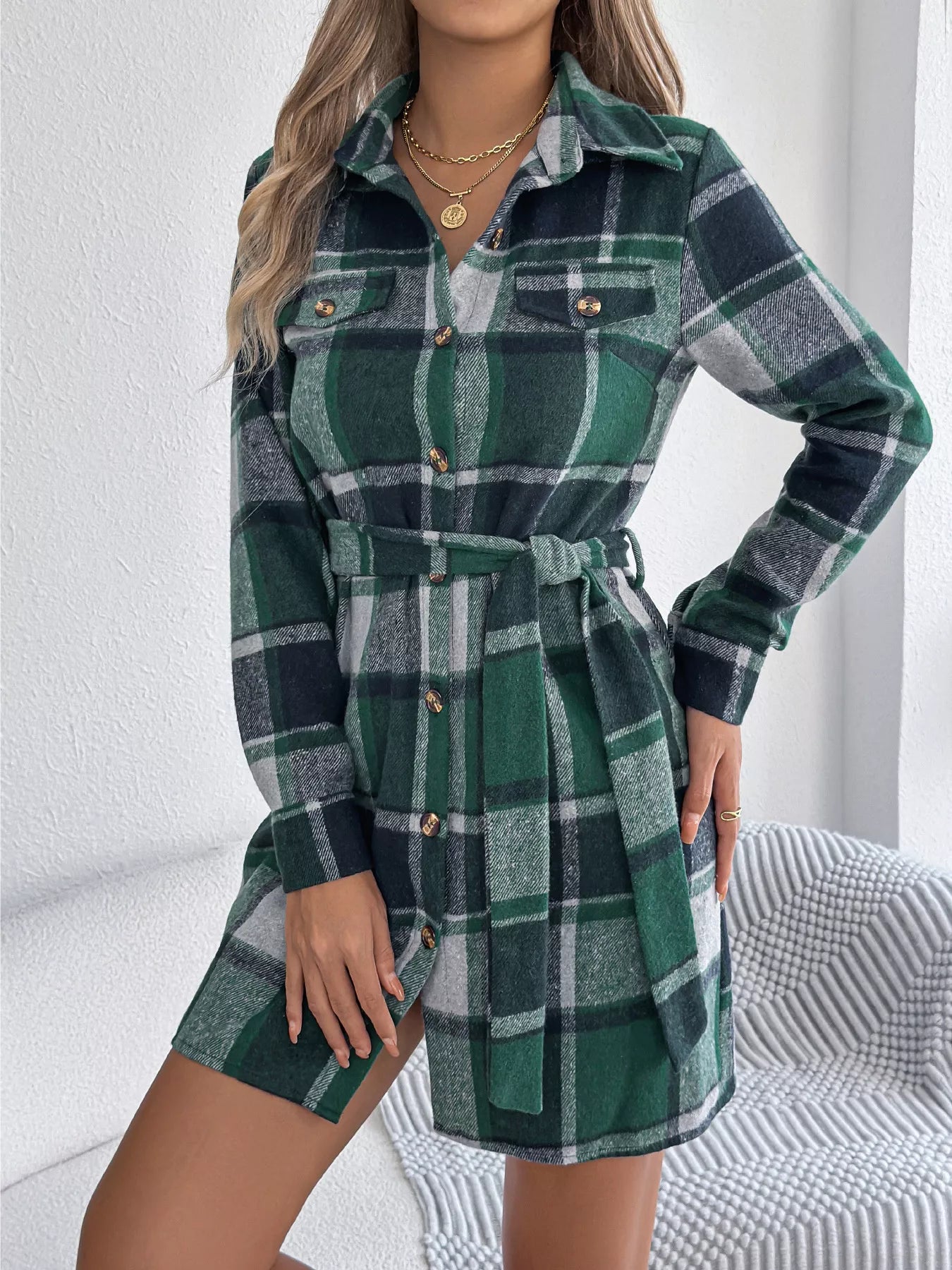 green plaid shirt dress Button Front Tie Waist / L wing tip boots Size:XL EURO 100% polyester Care instructions Azazie Mary Dark Navy