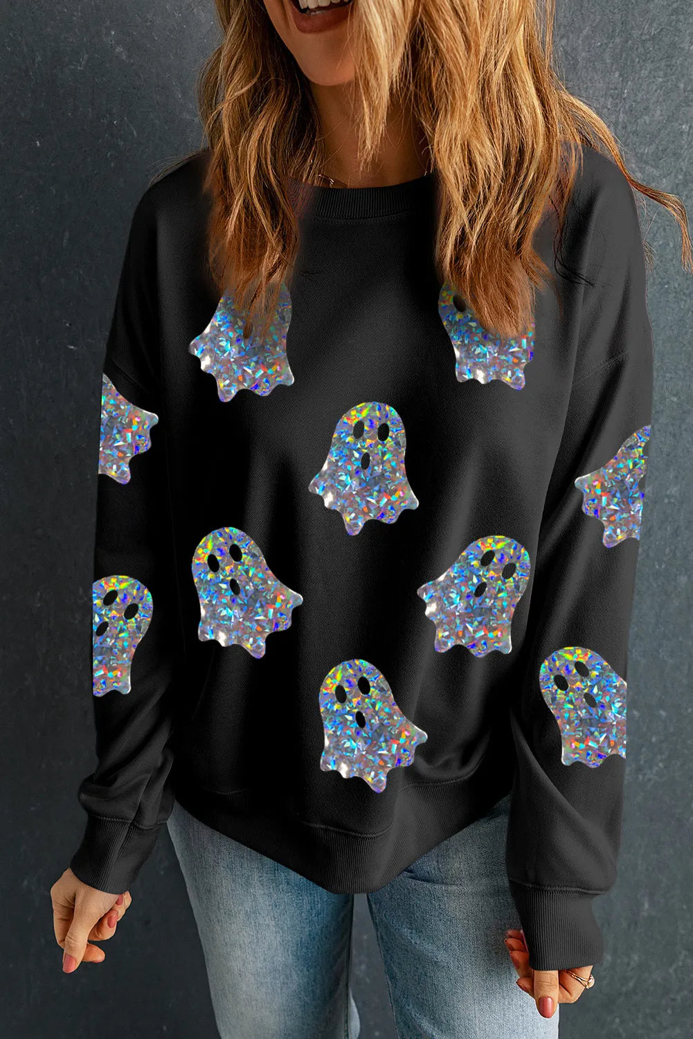 Ghost Round Neck Long Sleeve Sweatshirt - Charming Charlie