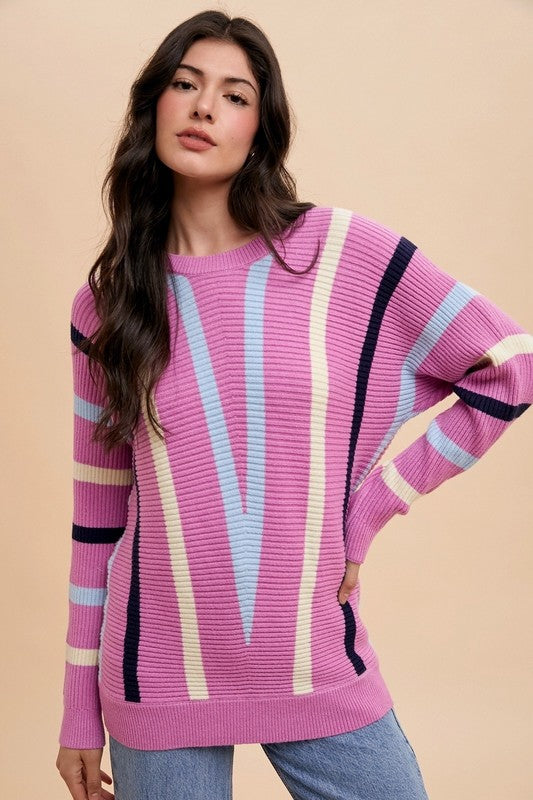 Annie Wear Chevron Stripe Round Neck Ribbed Sweater - Charming Charlie