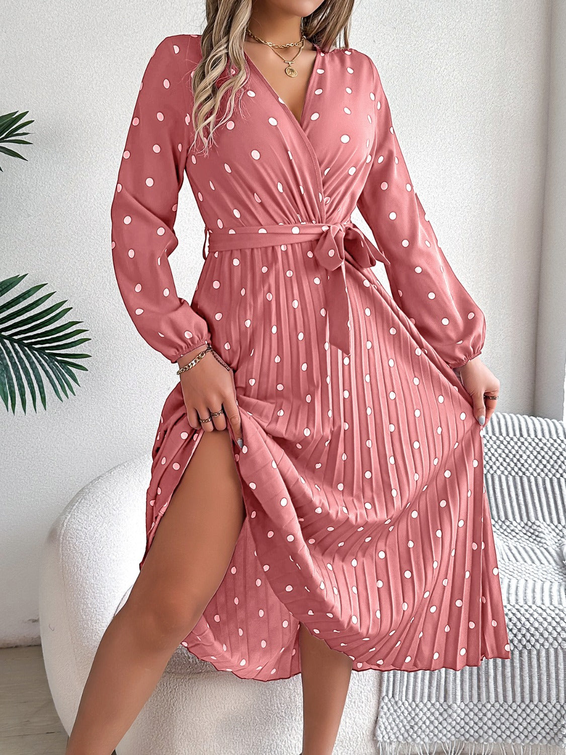 Tied Polka Dot Long Sleeve Midi Dress – Charming Charlie