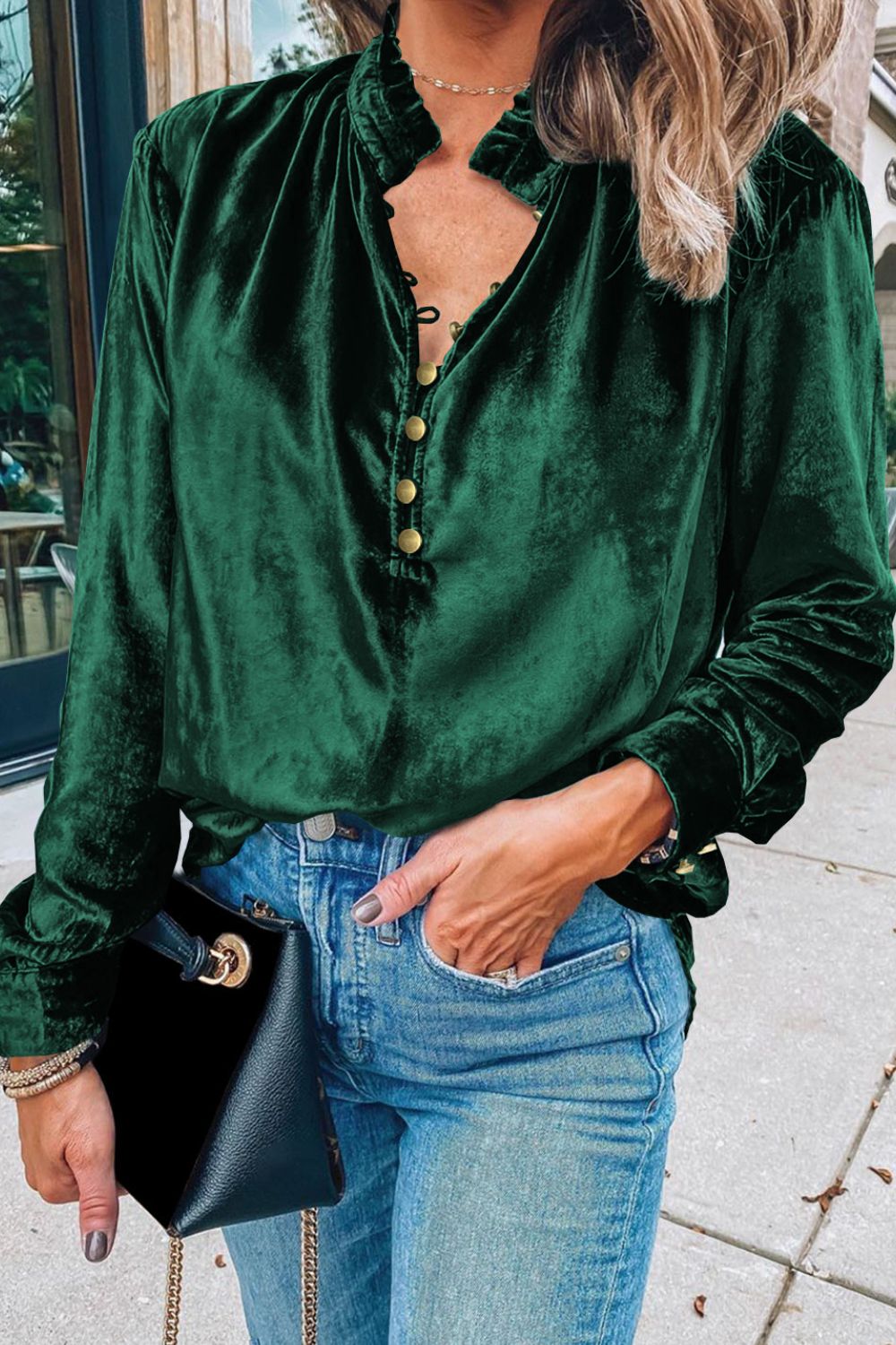 Frill Half Button Mock Neck Long Sleeve Blouse - Charming Charlie