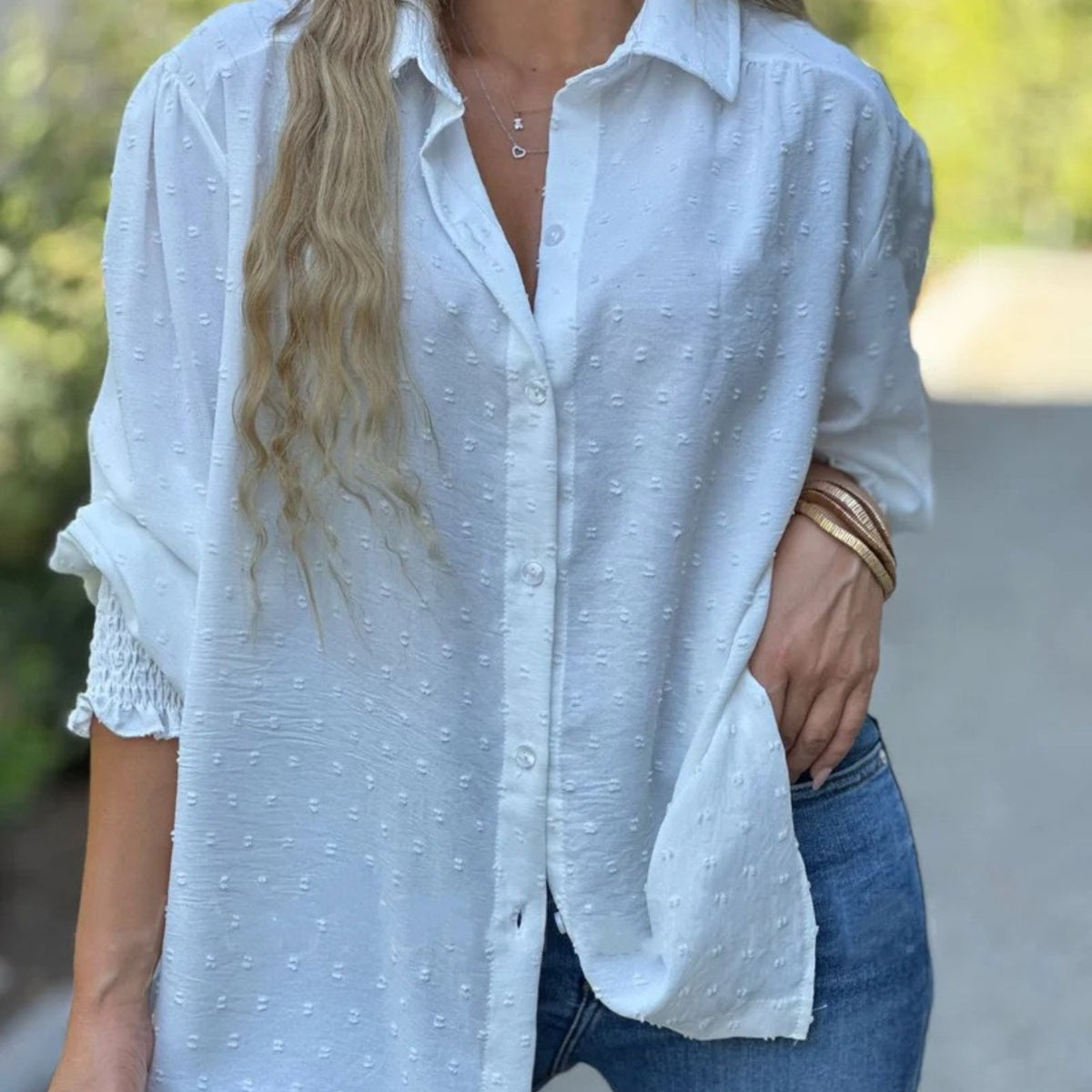 Swiss Dot Button Down Shirt – Charming Charlie