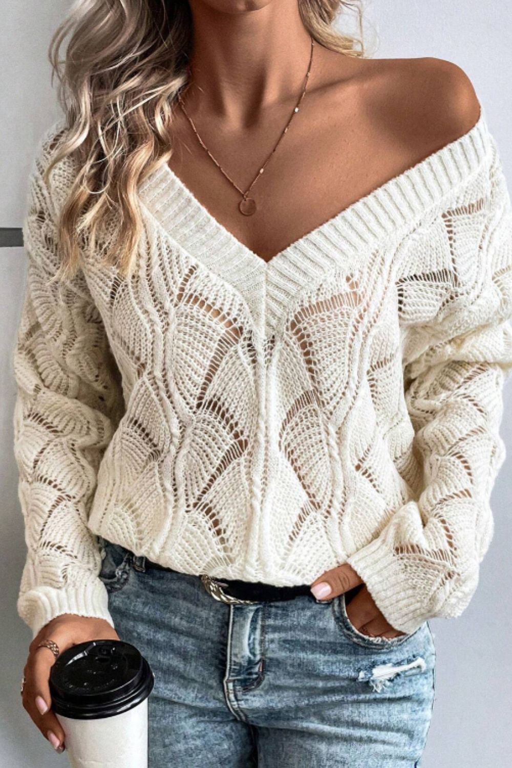 Openwork V-Neck Long Sleeve Sweater - Charming Charlie