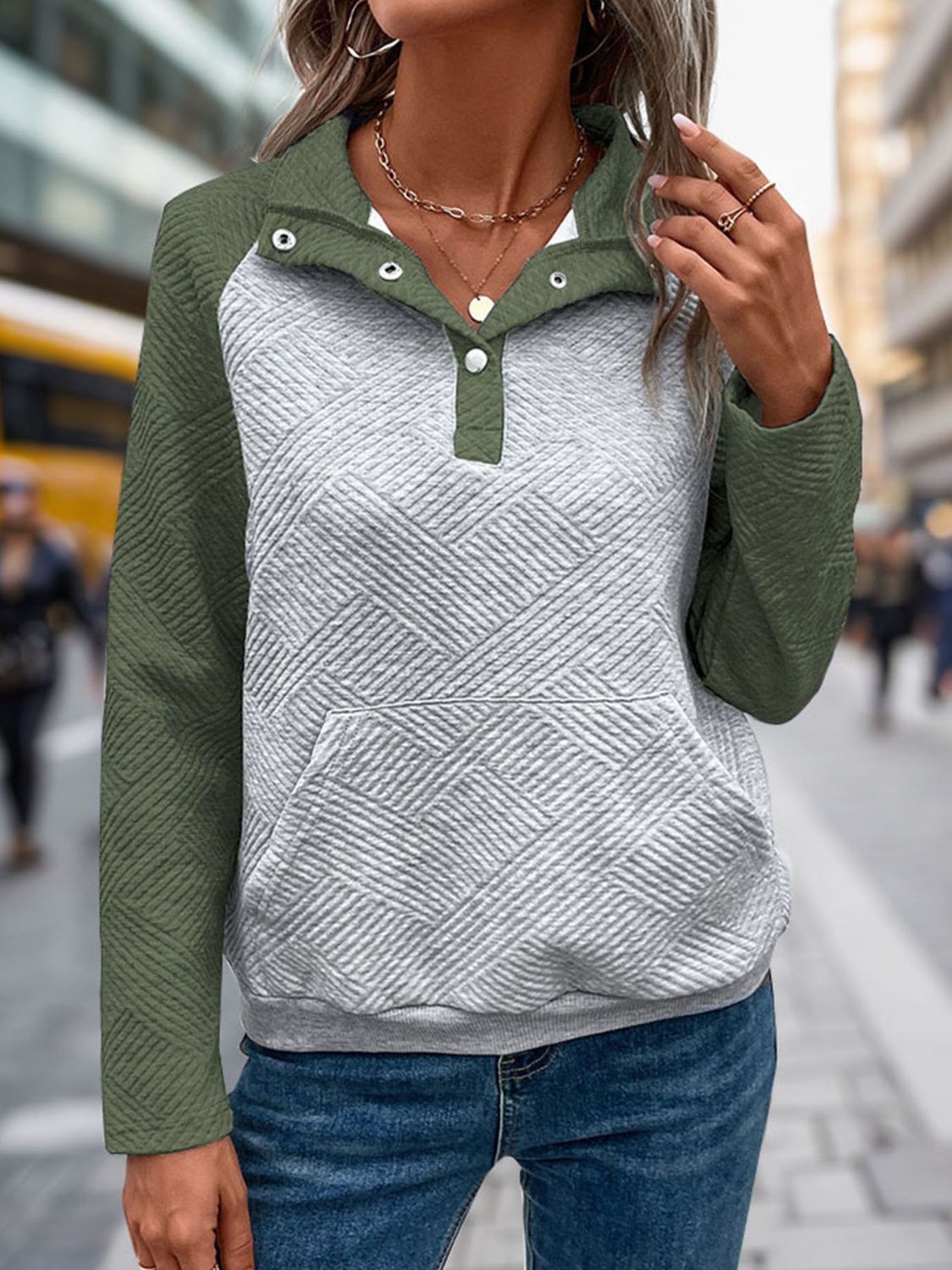 Contrast Textured Long Sleeve Sweatshirt - Charming Charlie