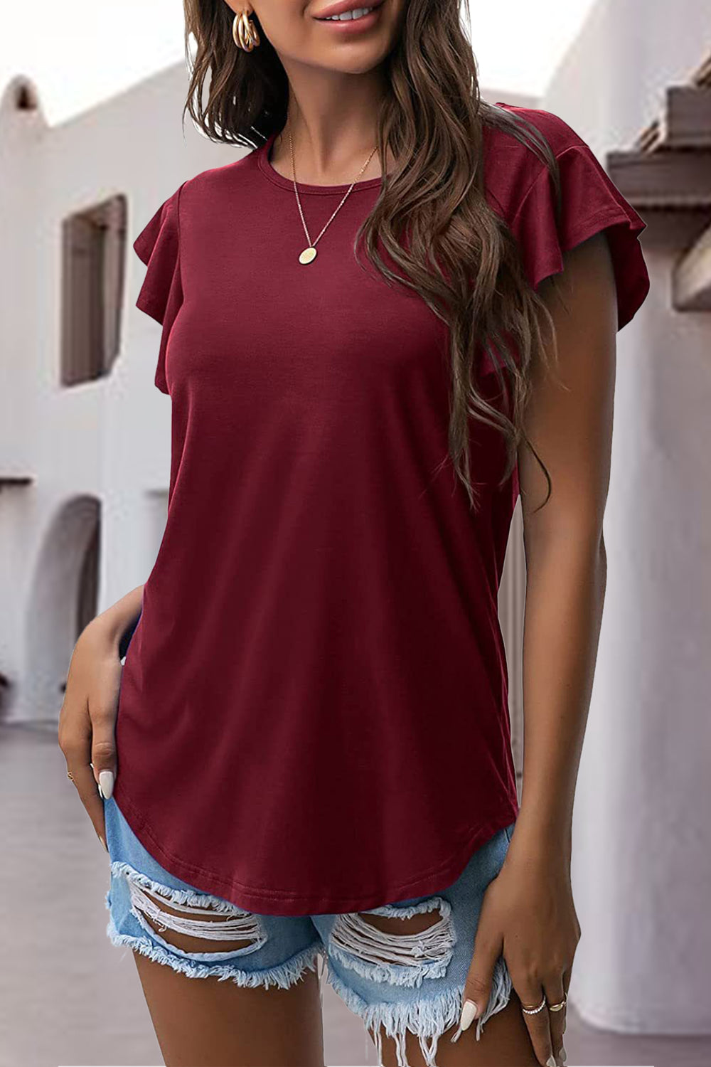 Ruffled Round Neck Cap Sleeve Blouse - Charming Charlie