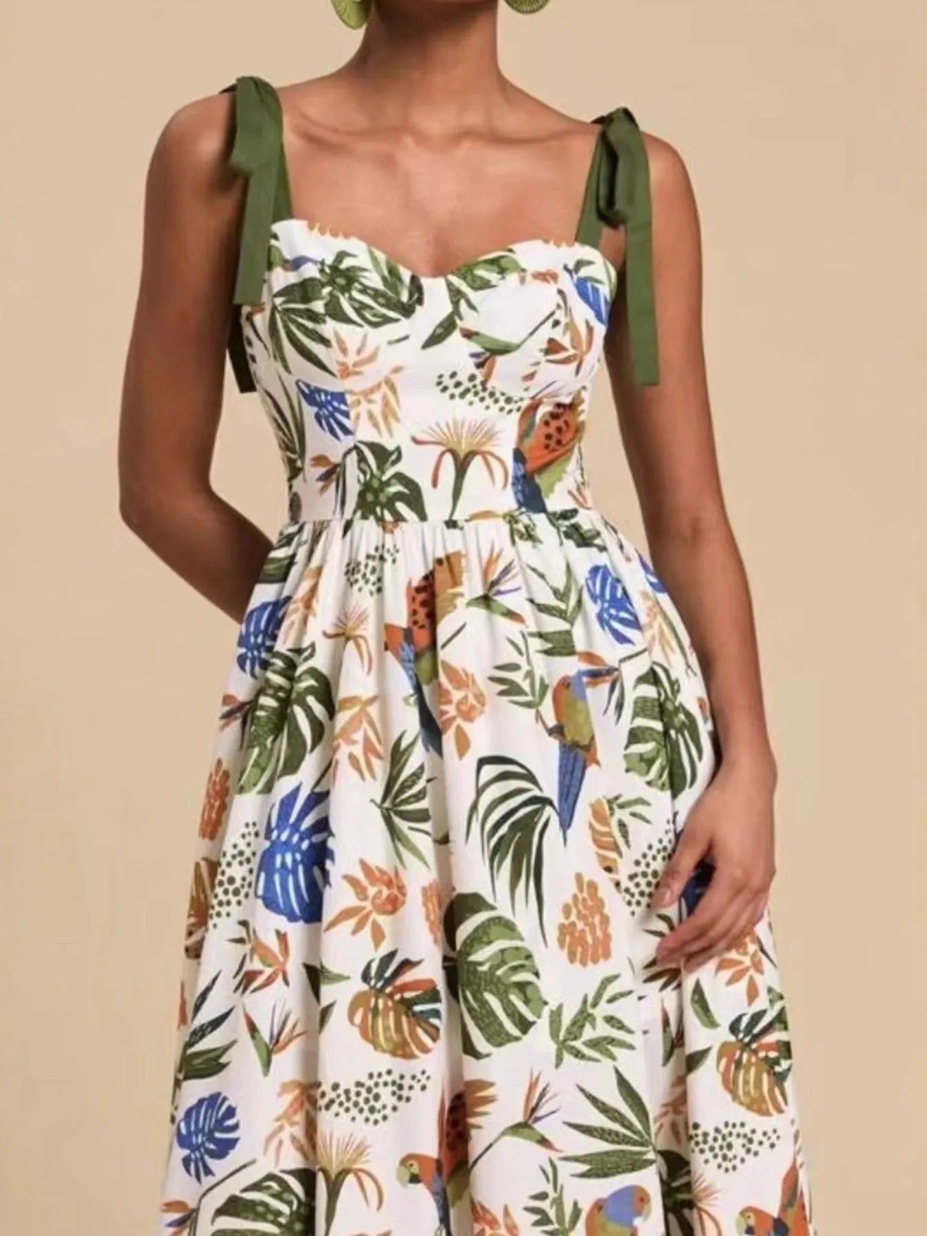 Tropical Print Tie-Shoulder Sweetheart Neck Midi Dress – Charming Charlie