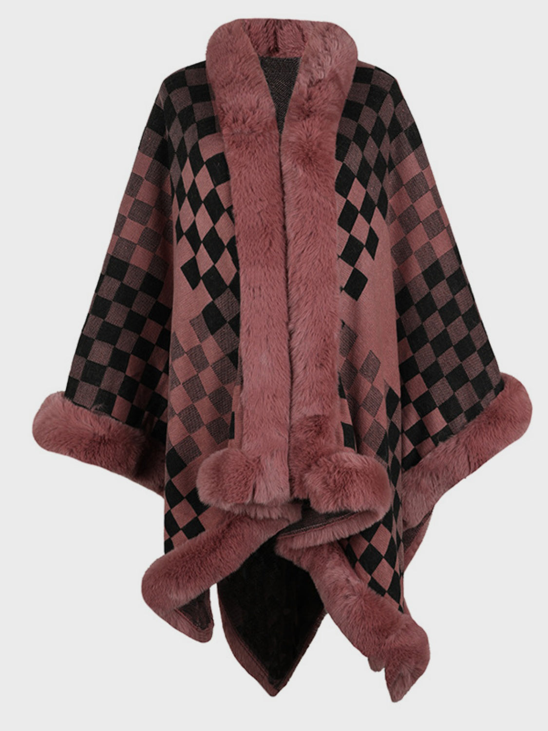 Fuzzy Checkered Long Sleeve Poncho - Charming Charlie