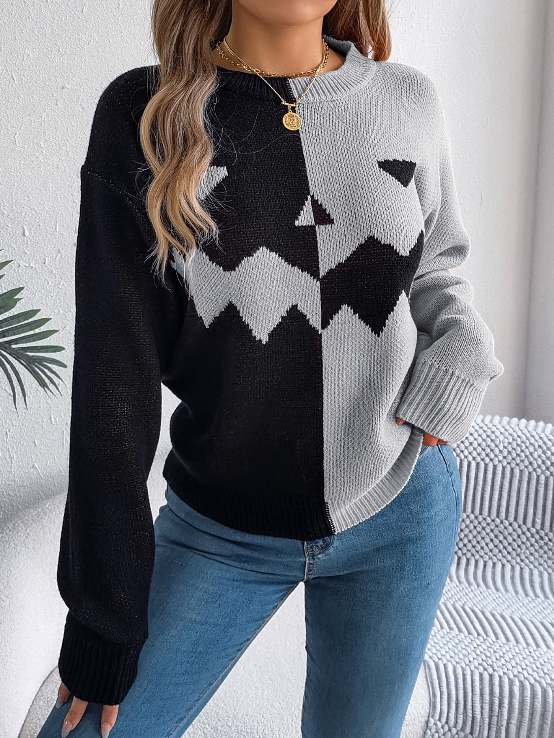 Contrast Round Neck Long Sleeve Sweater - Charming Charlie
