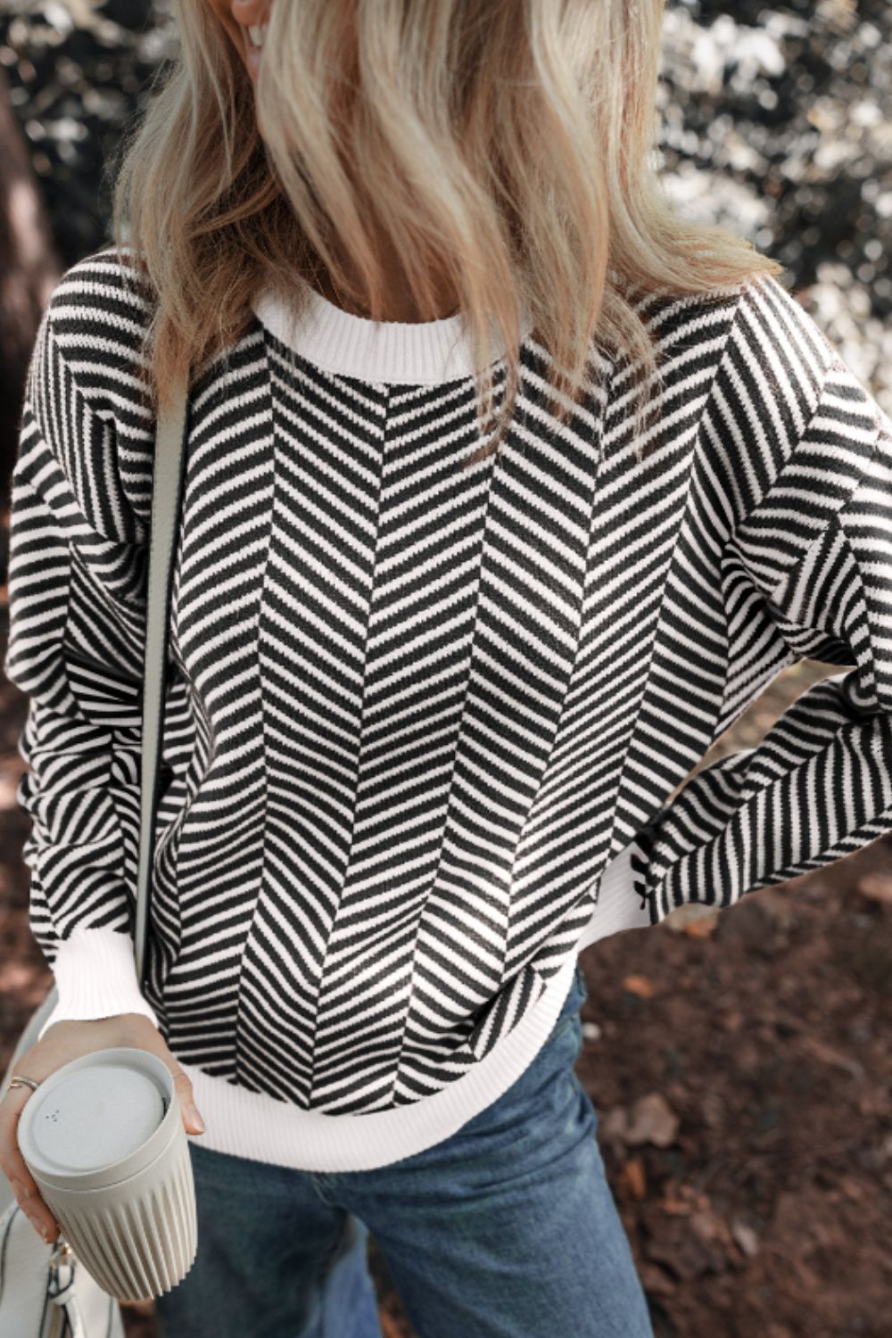 Striped Round Neck Long Sleeve Sweater - Charming Charlie