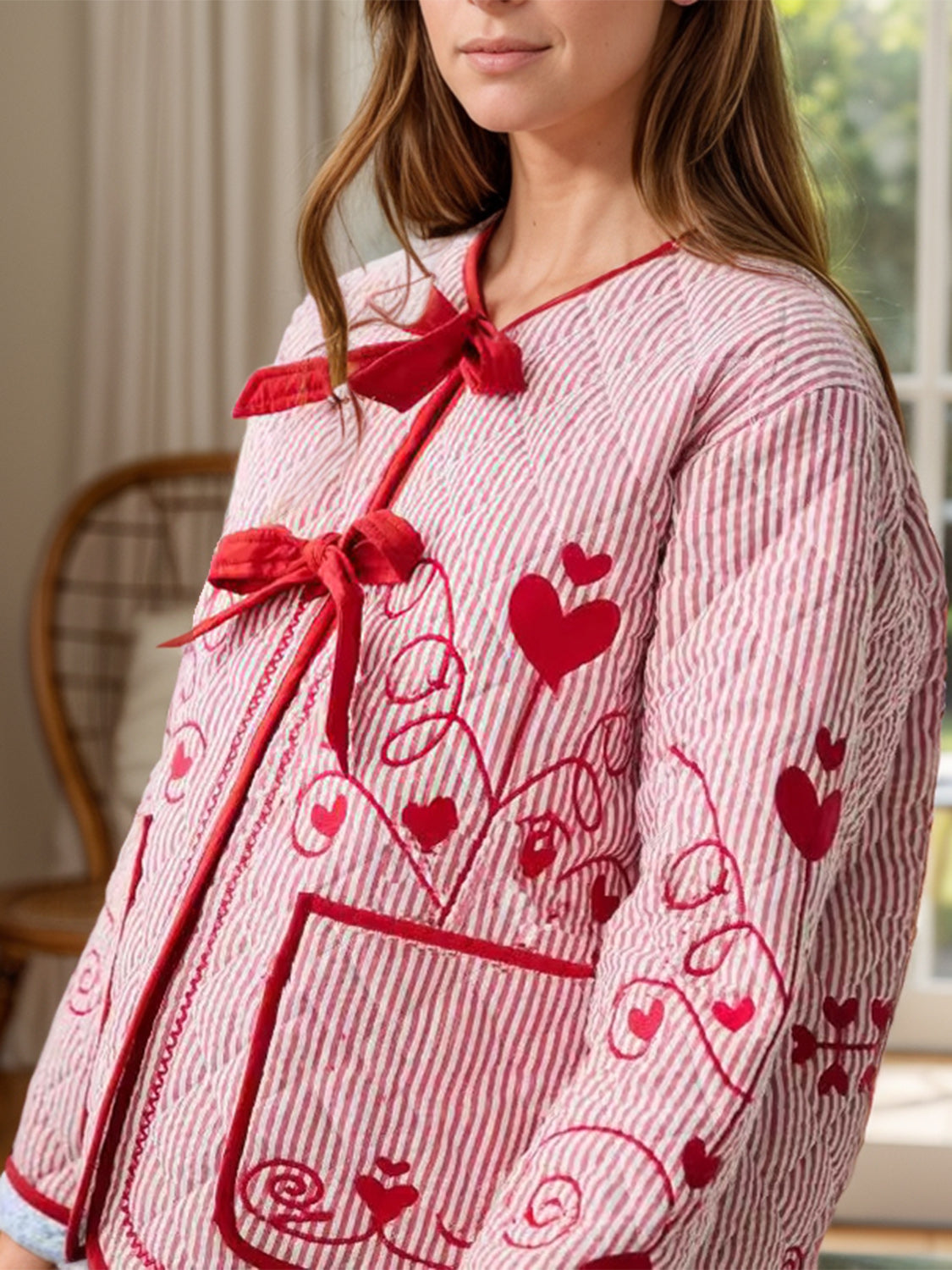 Embroidered Tied Striped Round Neck Coat - Charming Charlie