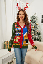 Nutcracker Contrast V-Neck Long Sleeve Cardigan - Charming Charlie