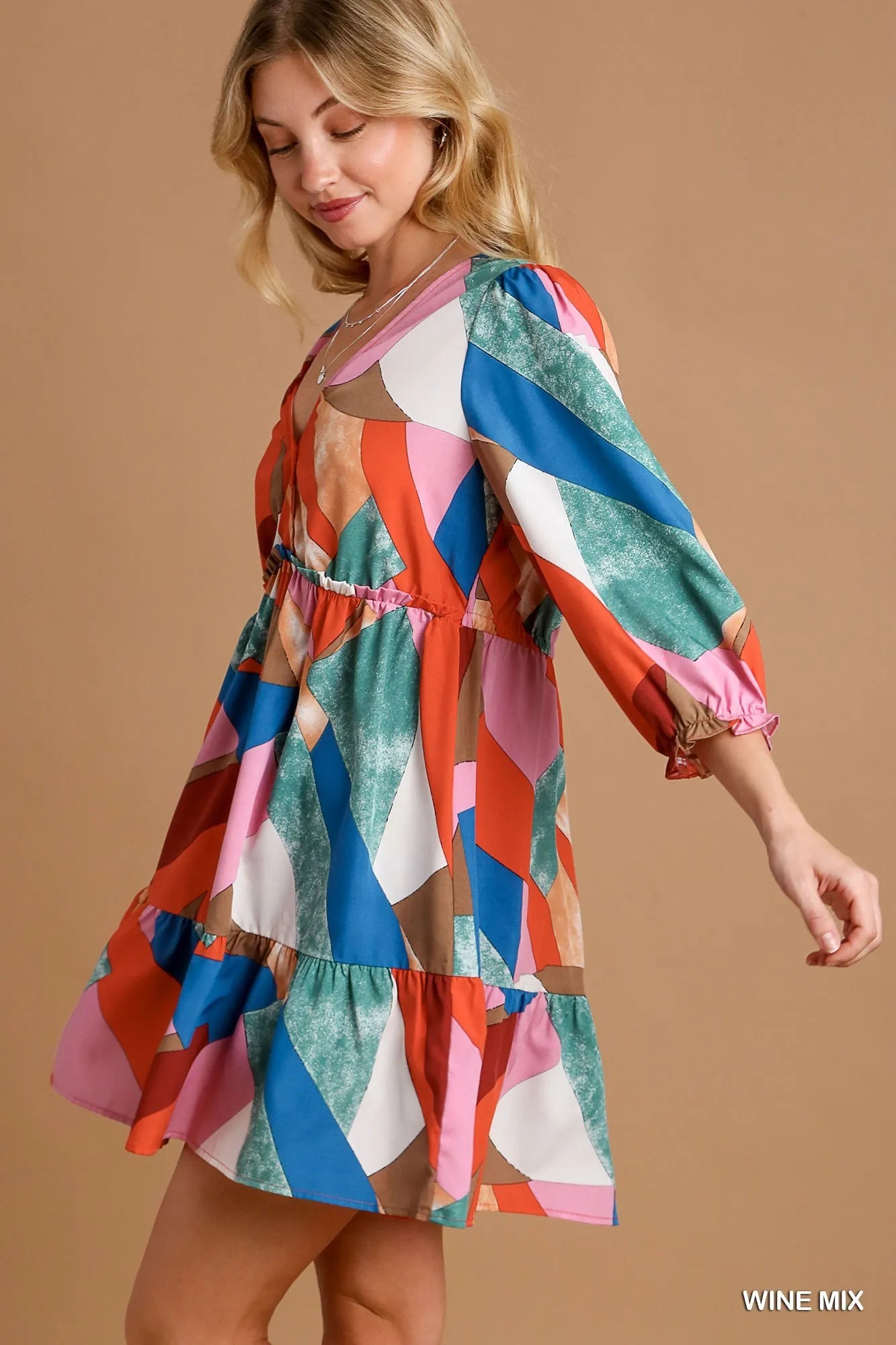 Umgee Abstract V-Neck Tiered Printed Dress WINE MIX / M Umgee Abstract V-Neck Tiered Printed Dress WINE MIX / M